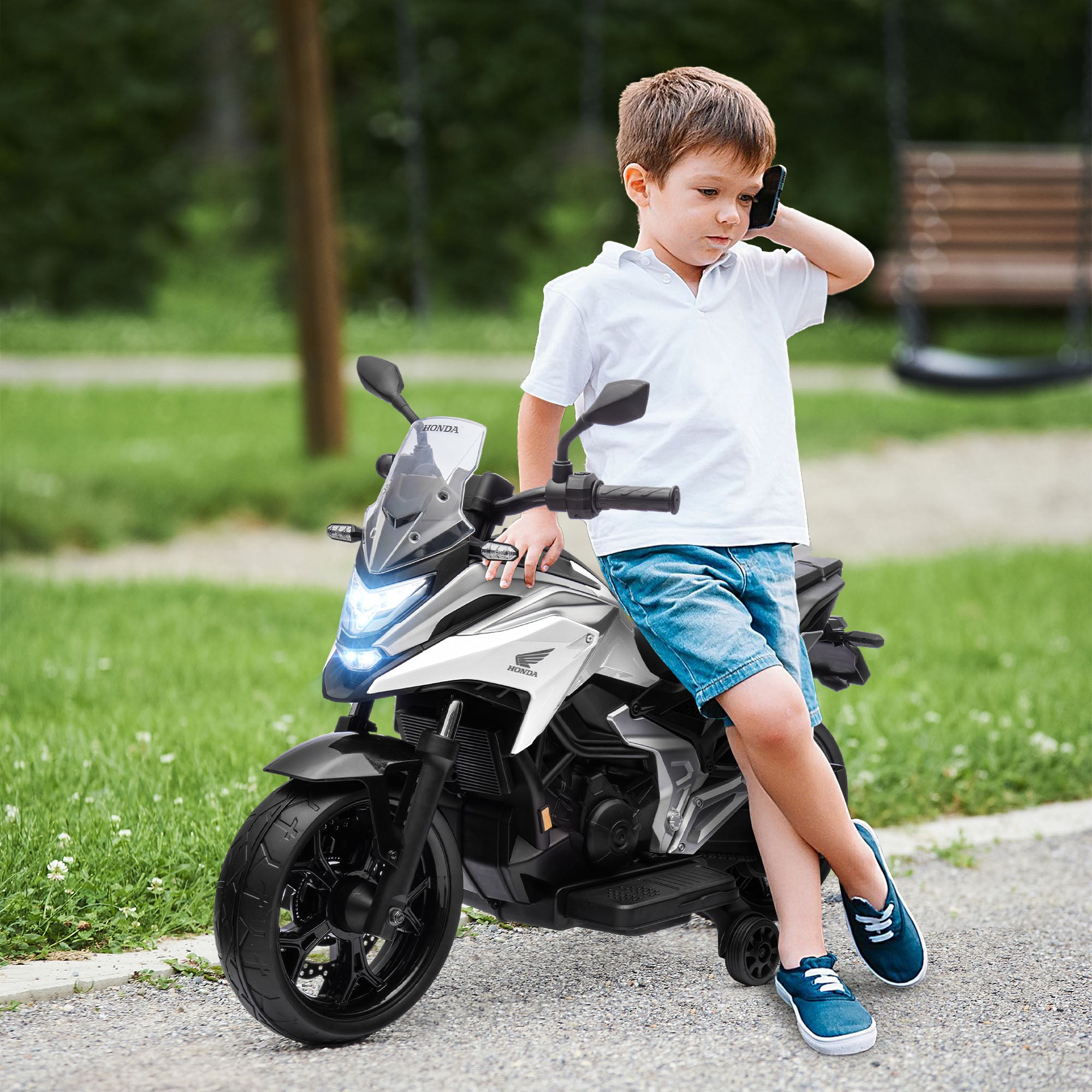 AIYAPLAY 12V Honda Licensed Kids Electric Motorbike w/ Music, Headlights, Early Education Function, for 3-6 Years - White - anydaydirect