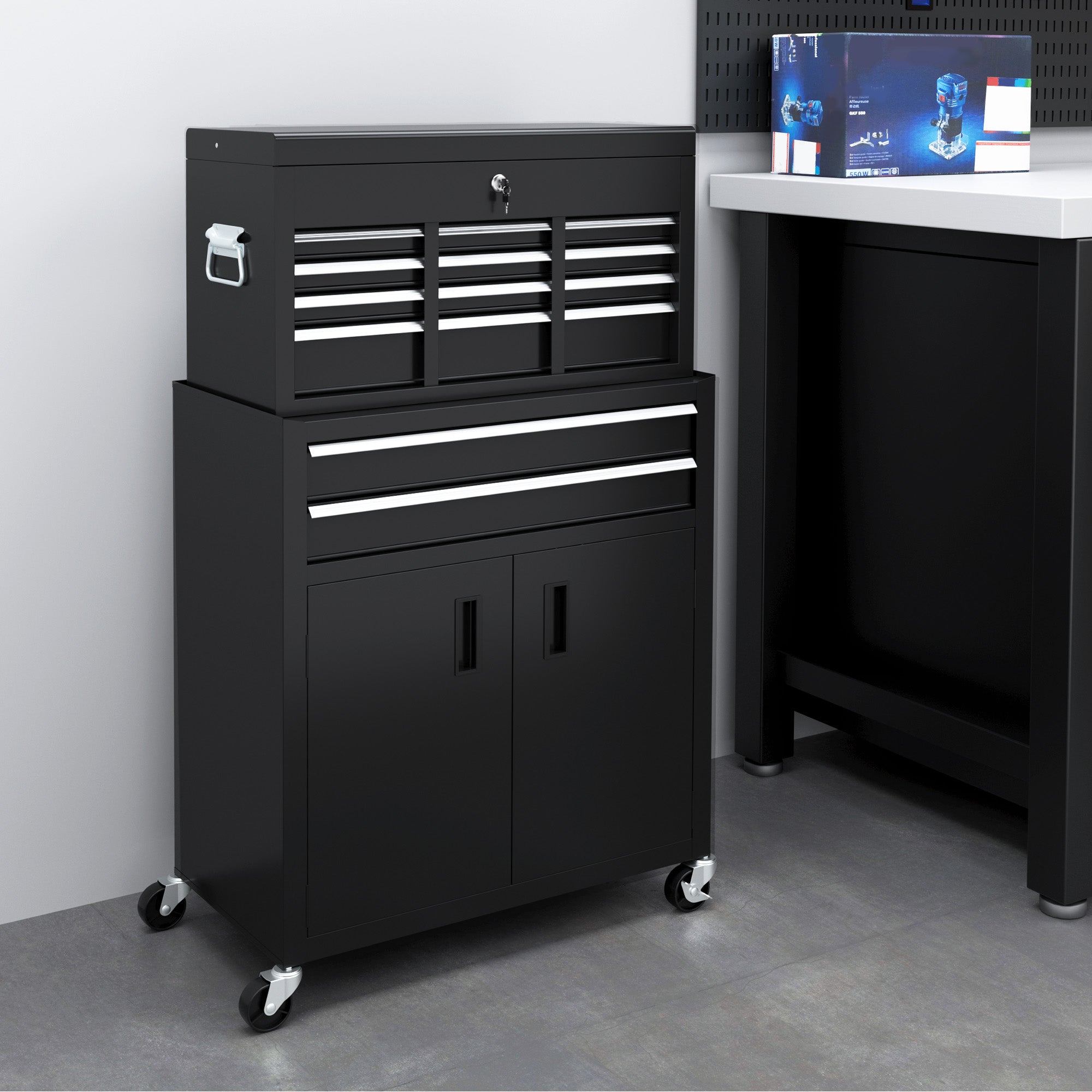 HOMCOM Portable Tool Box, Metal Tool Chest on Wheels with 6 Drawers for Garage and Workshop, Black - anydaydirect