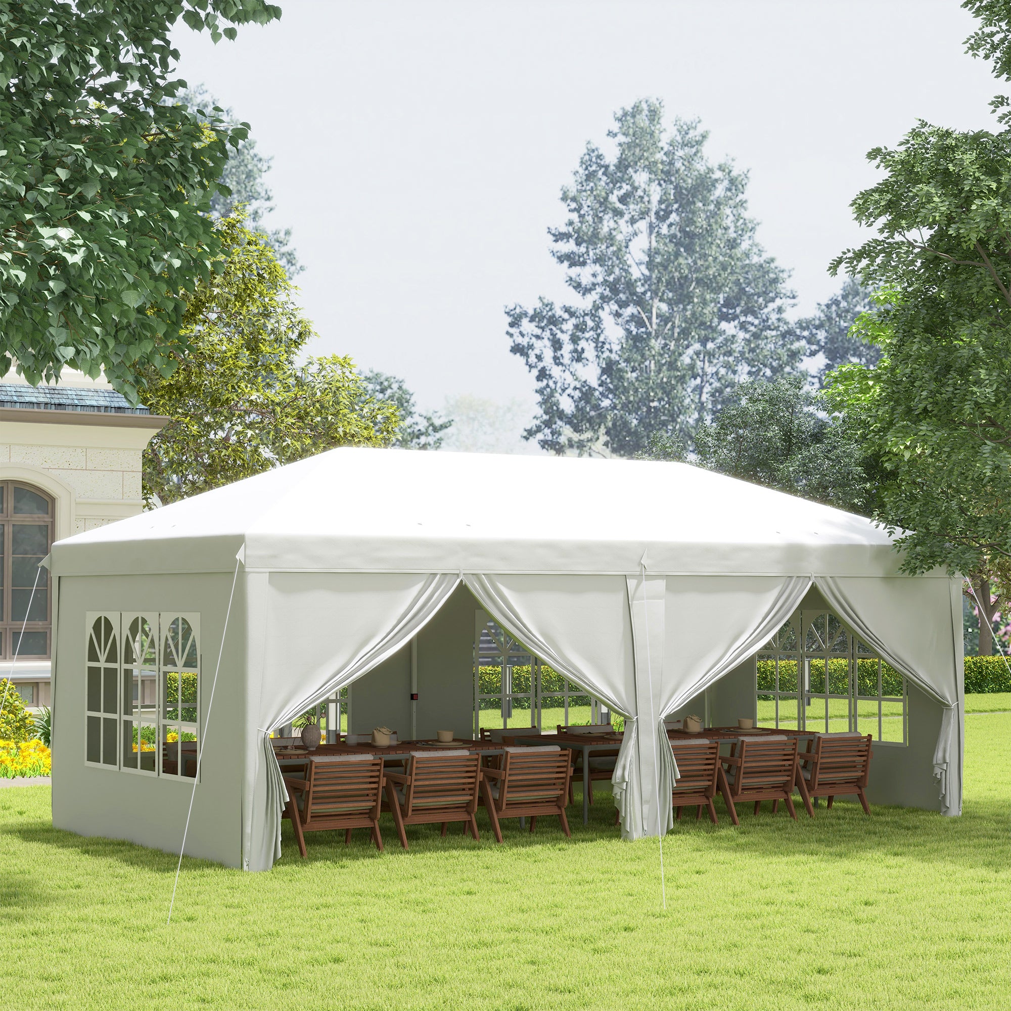 Outsunny 3 x 6 m Pop Up Gazebo with Sides and Windows, Height Adjustable Wedding Camping Party Tent Canopy Marquee with Storage Bag for Garden, Event, White - anydaydirect