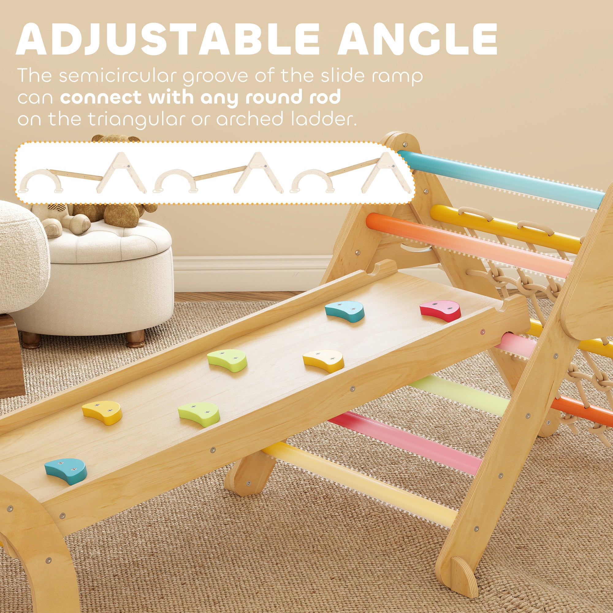 AIYAPLAY 8-in-1 Toddler Climbing Frame, Indoor Play Triangle Set with Slide, Arch and Triangle Ladder, Multicolour - anydaydirect