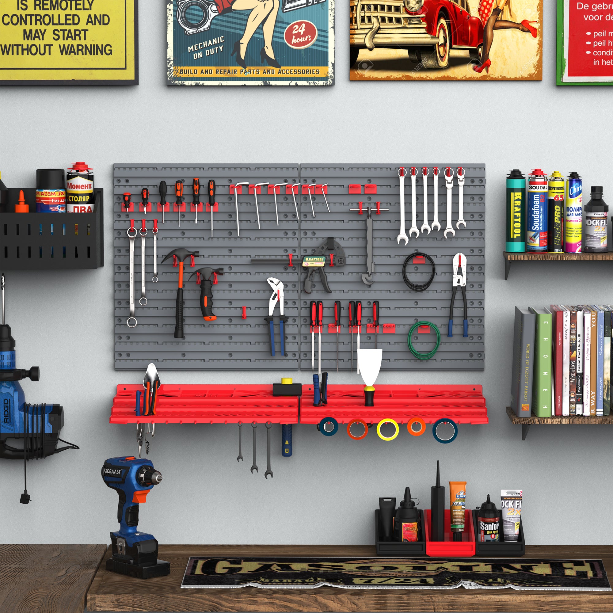 DURHAND 54 Pcs On-Wall Tool Equipment Holding Pegboard Home DIY Garage Organiser DIY w/ 50 Pegs 2 Shelves - anydaydirect