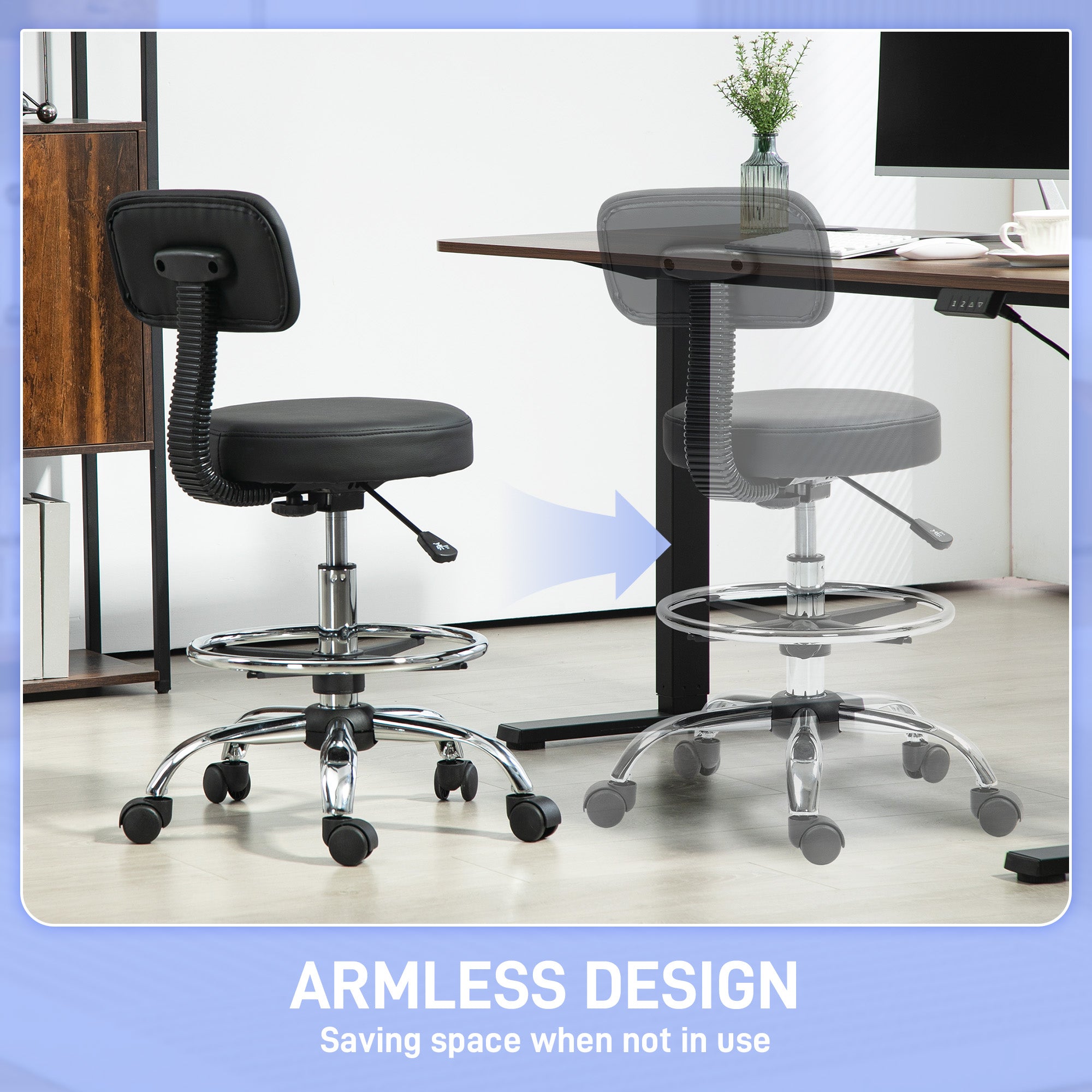 HOMCOM Drafting Chair, Office Chair with Backrest and Adjustable Footrest, Height Adjustable Stool, Leather Padded Rolling Task Chair for Home Office, Black - anydaydirect