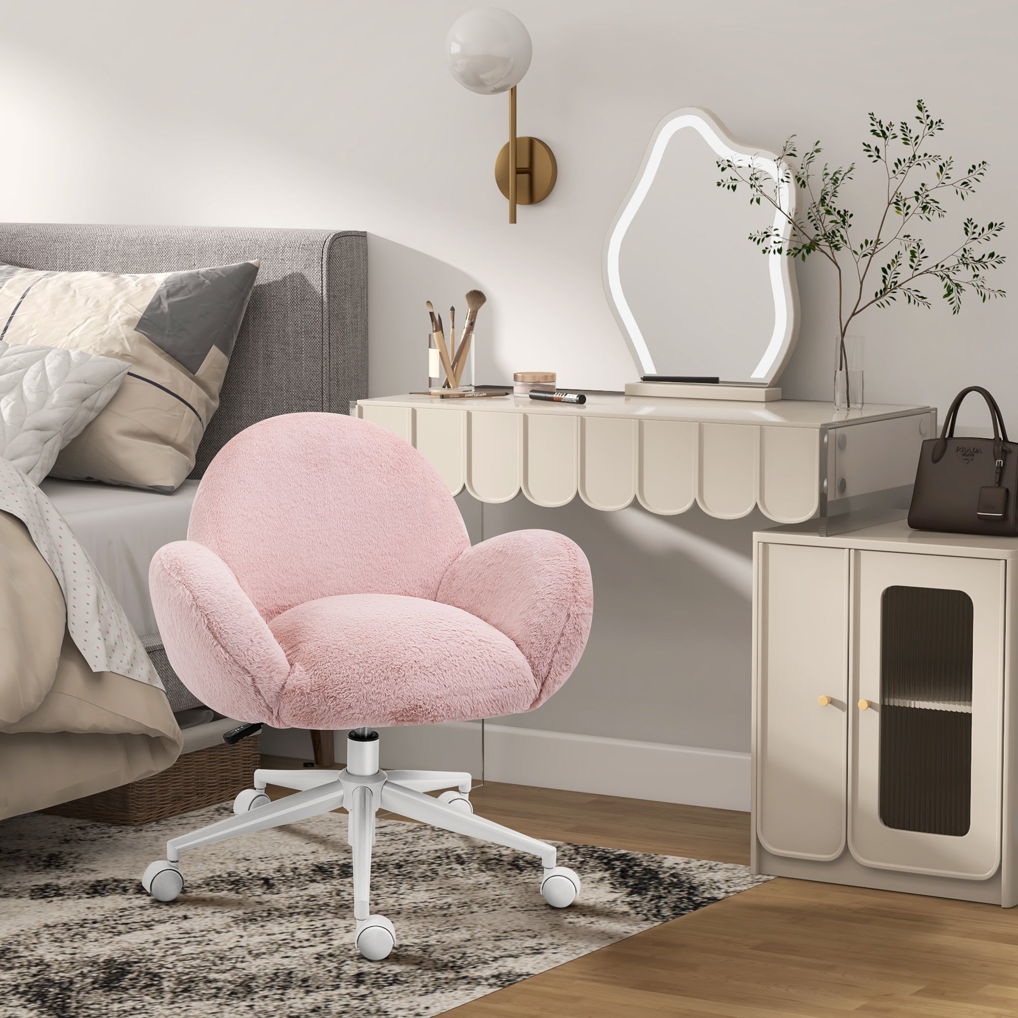 HOMCOM Makeup Vanity Chair, Cute Fluffy Desk Chair with Rolling Wheels for Bedroom Living Room, Pink - anydaydirect