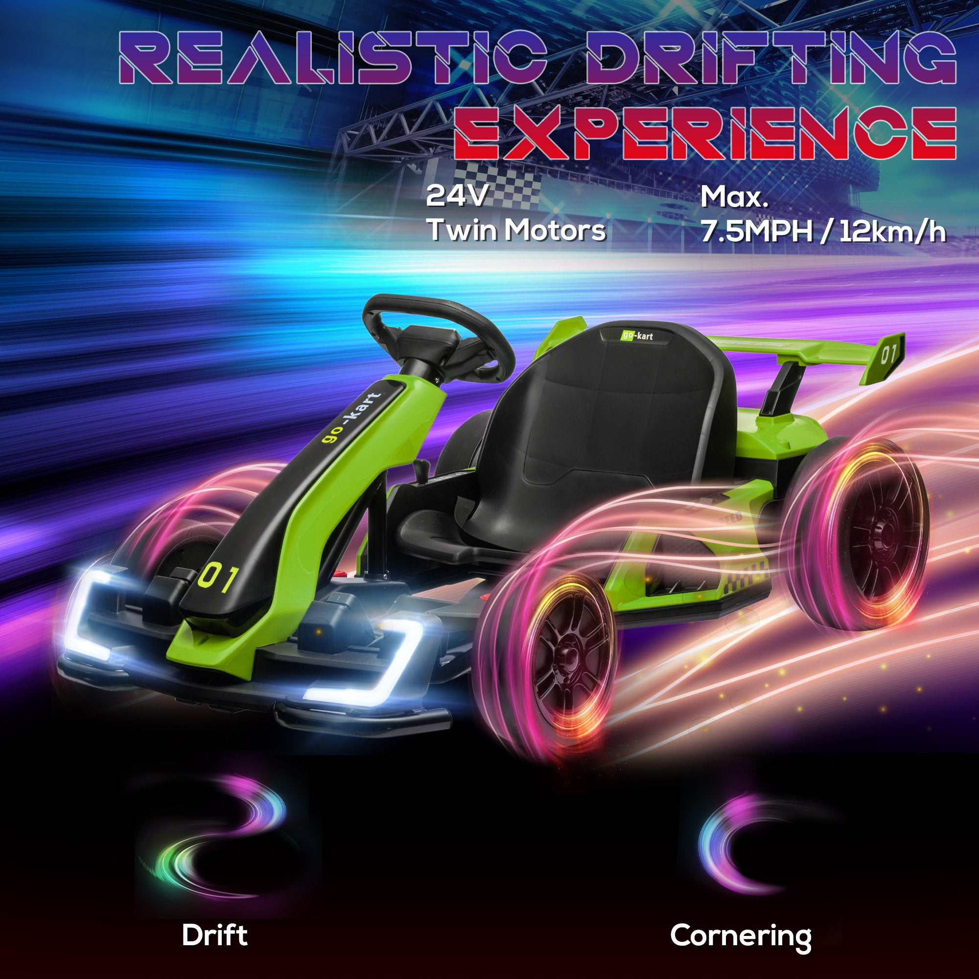 HOMCOM 24V Electric Go Kart for Kids with Adjustable Seat for 6-12 Years Old, Green - anydaydirect