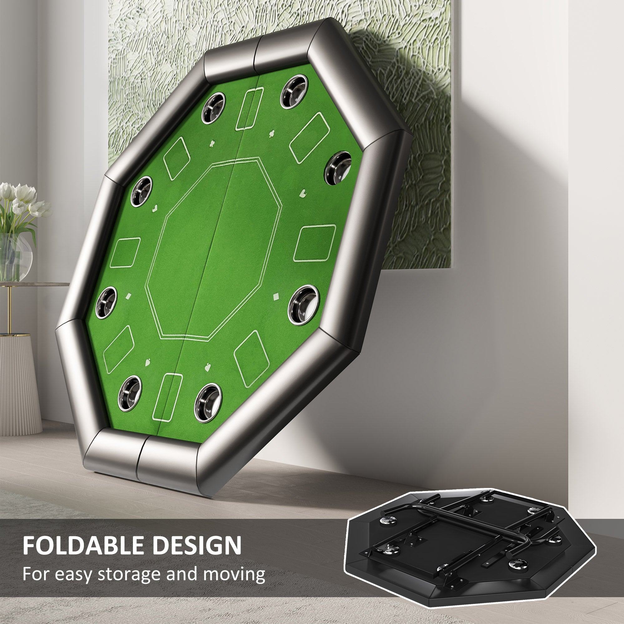 SPORTNOW 8 Player Folding Poker Table, Portable Octagon Blackjack Table with Cup Holders with Cup Holders, Padded Edge, Green - anydaydirect