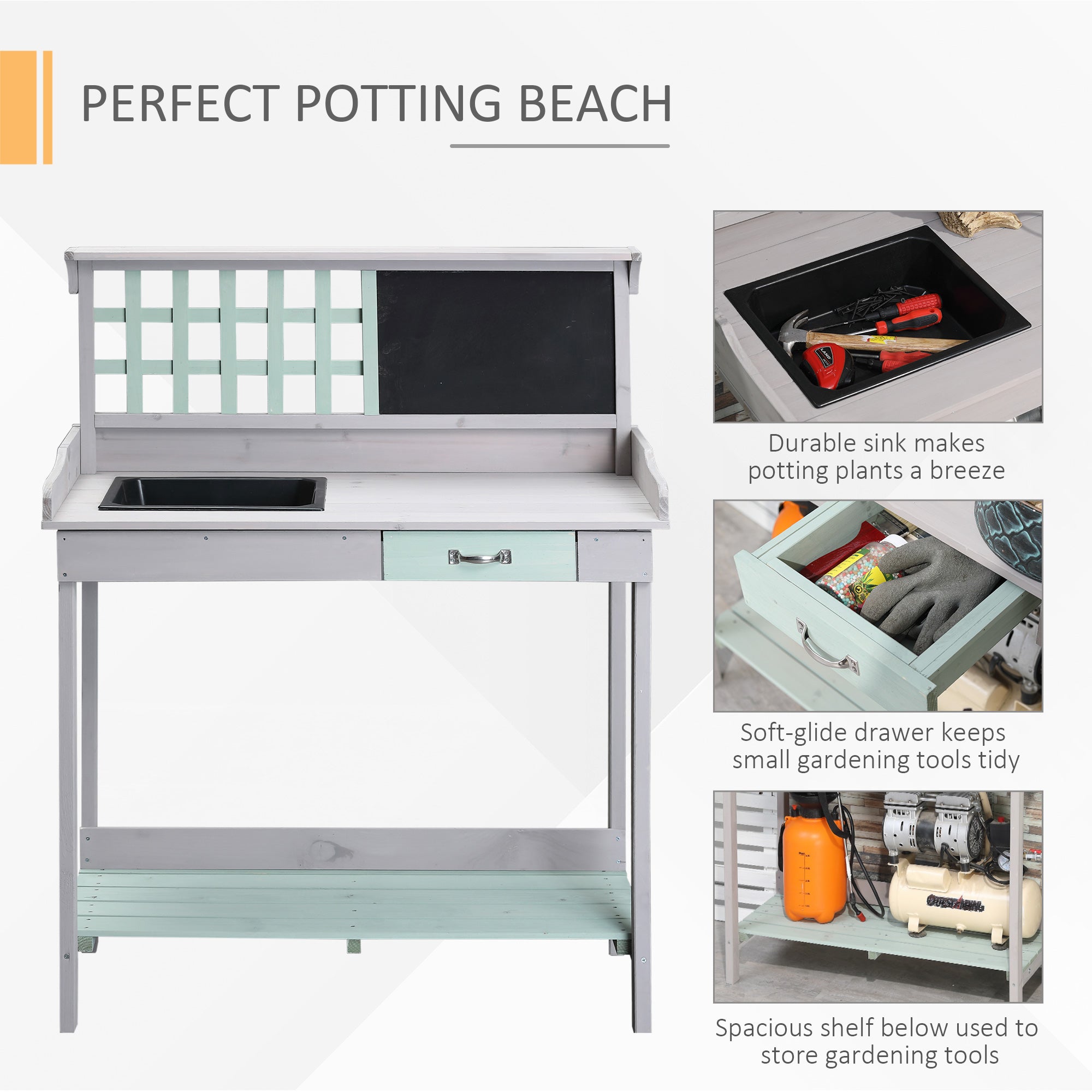 HOMCOM Garden Potting Table with Sink, Blackboard and Drawer, Wooden Planting Work Bench Workstation Outdoor Tool Storage Shelves - anydaydirect