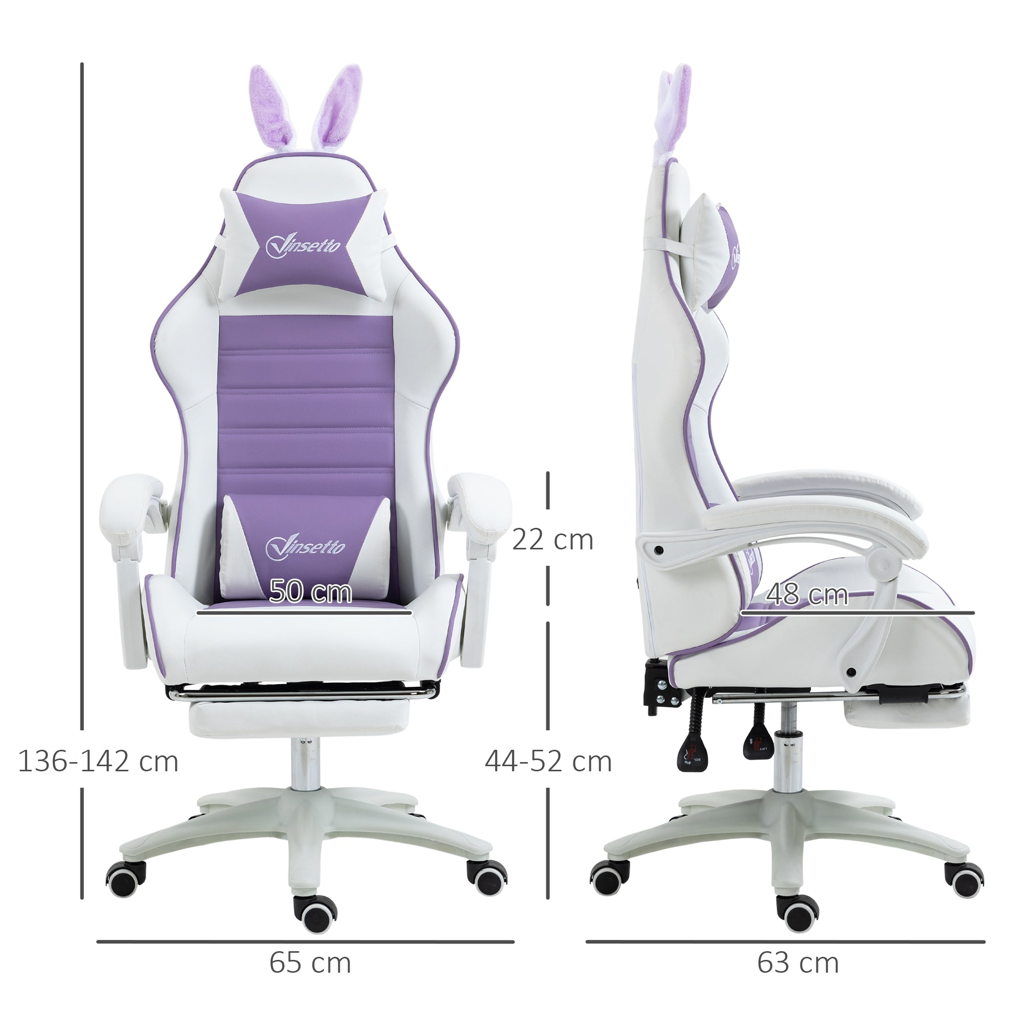 Vinsetto Racing Gaming Chair, Reclining PU Leather Computer Chair with Removable Rabbit Ears, Footrest, Headrest and Lumber Support, Purple - anydaydirect