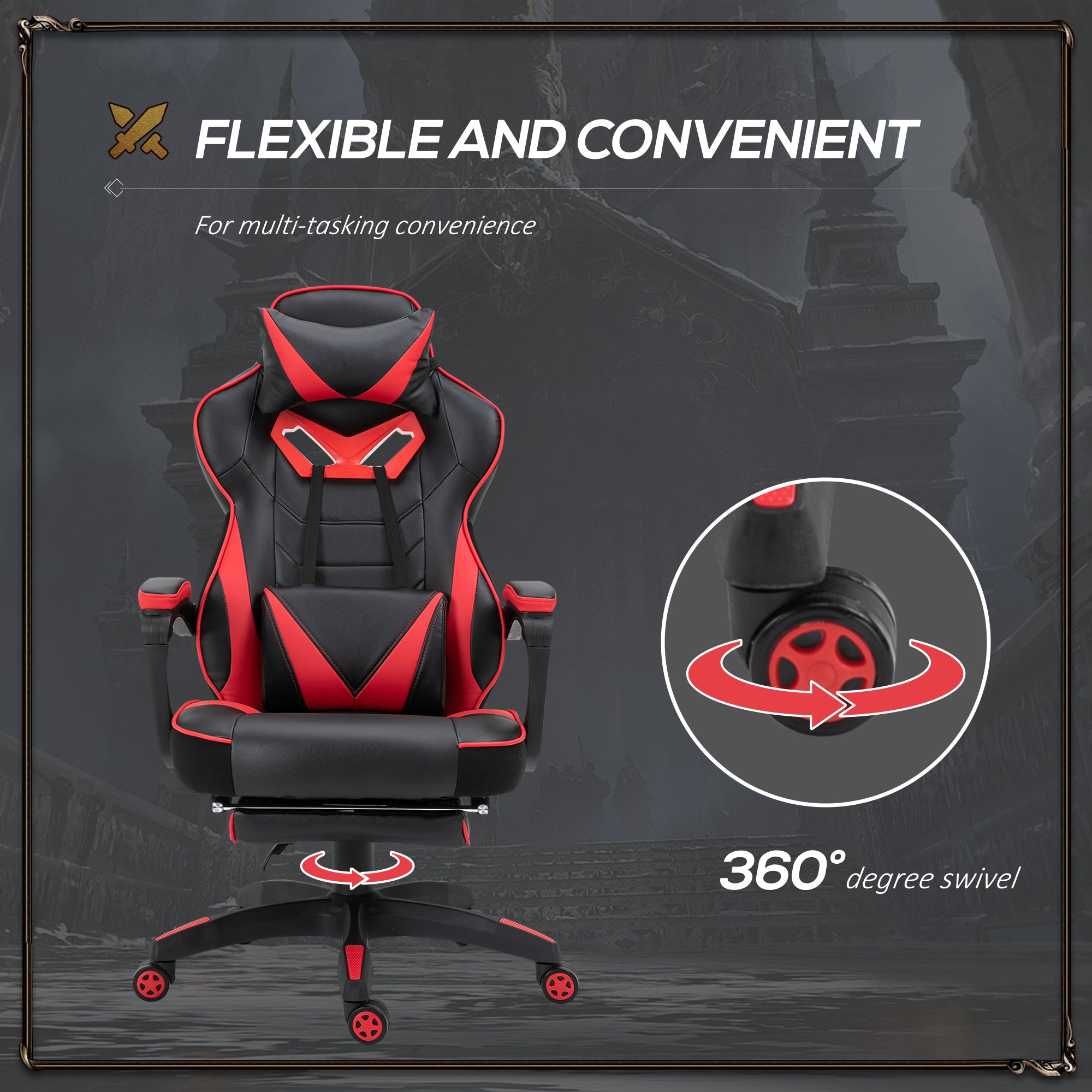 Vinsetto Computer Gaming Chair, Racing Desk Chair with Lumbar Support and Footrest, PU Leather Gamer Chair with Headrest and Swivel Wheels for Home, Red - anydaydirect