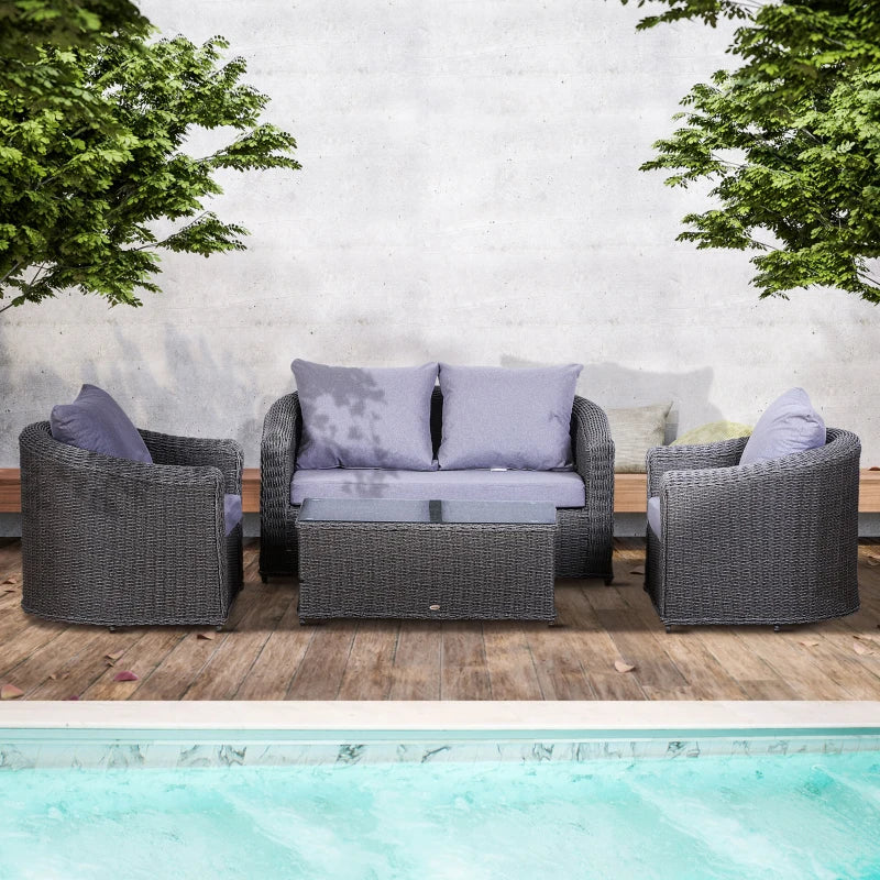 Outsunny 4-Seater Deluxe PE Rattan Outdoor Garden Furniture Set Grey - anydaydirect