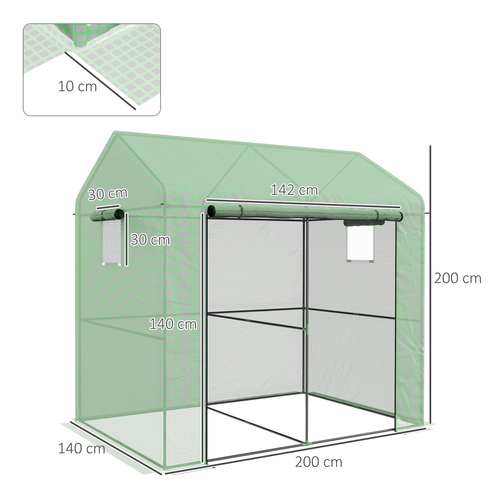 Outsunny Greenhouse, Walk-in Garden Grow House with Roll-up Door and Mesh Windows, 200 x 140 x 200cm, Green - anydaydirect