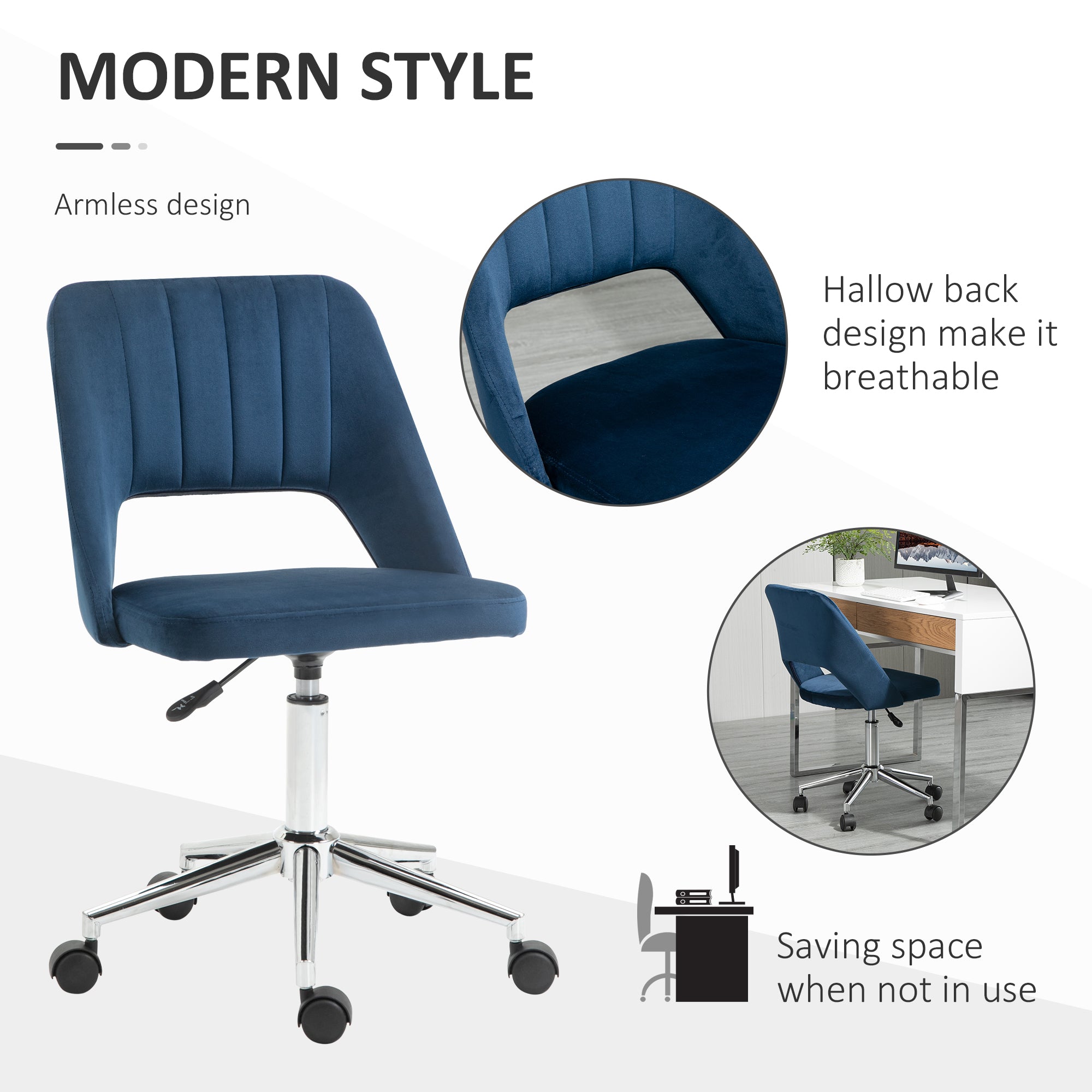 Vinsetto Armless Velvet-Feel Office Chair - Dark Blue - anydaydirect
