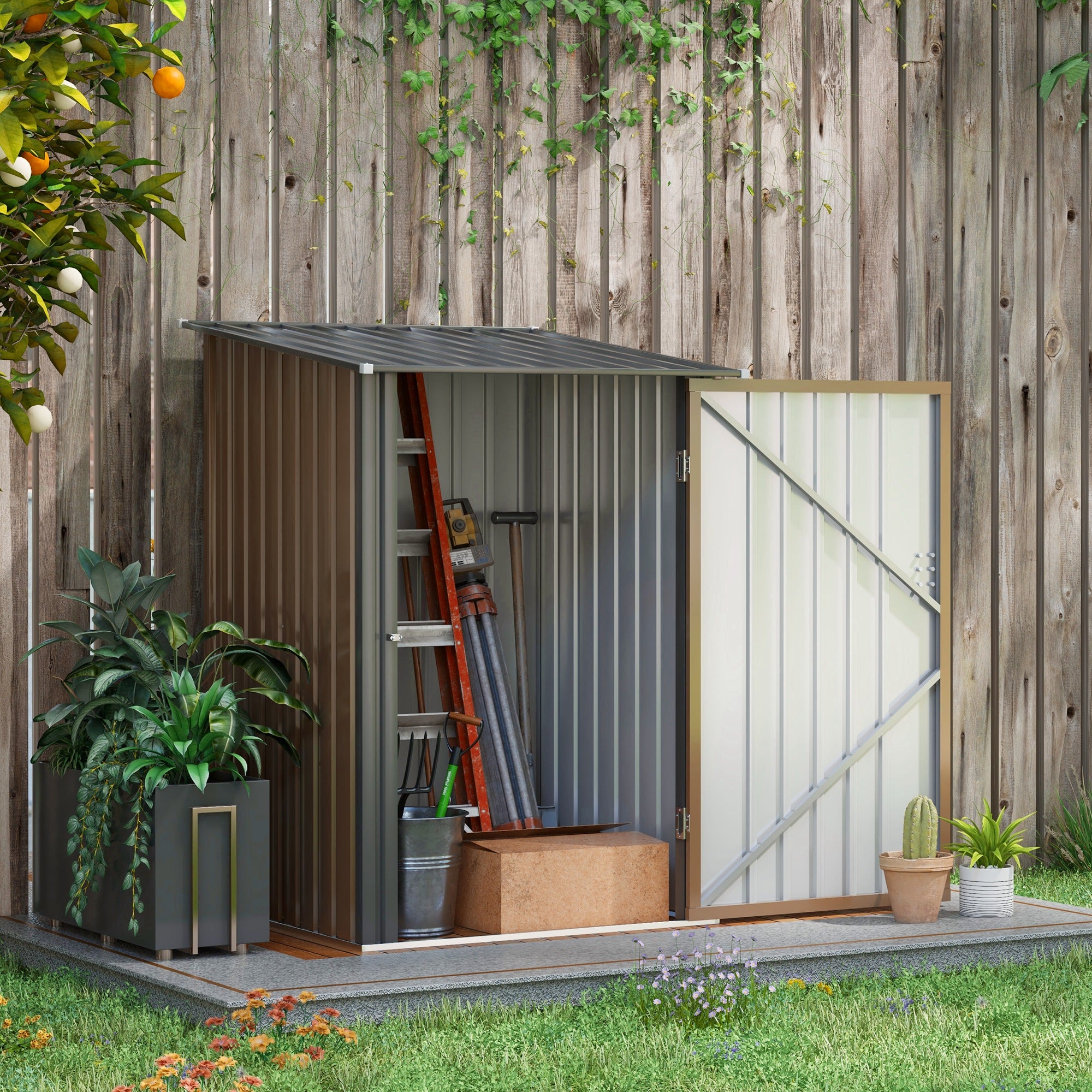 Outsunny 3.3ft x 3.4ft Lean to Garden Shed, Metal Outdoor Storage Shed w/ Single Lockable Door, Tool Storage Shed for Garden, Patio, Brown - anydaydirect