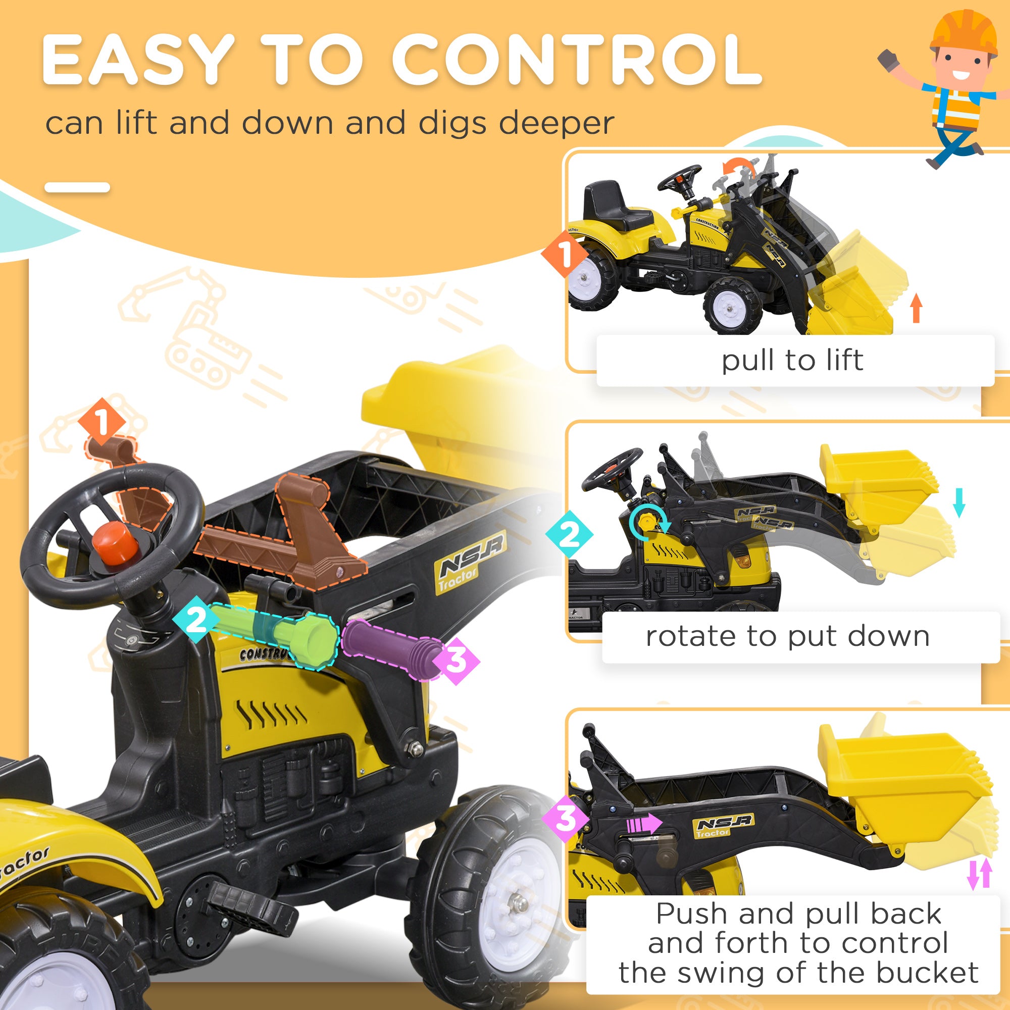 HOMCOM Pedal Go Kart Ride On Excavator W/ Front Loader Digger Four Wheels Child Toy, for 3 Years Old - anydaydirect