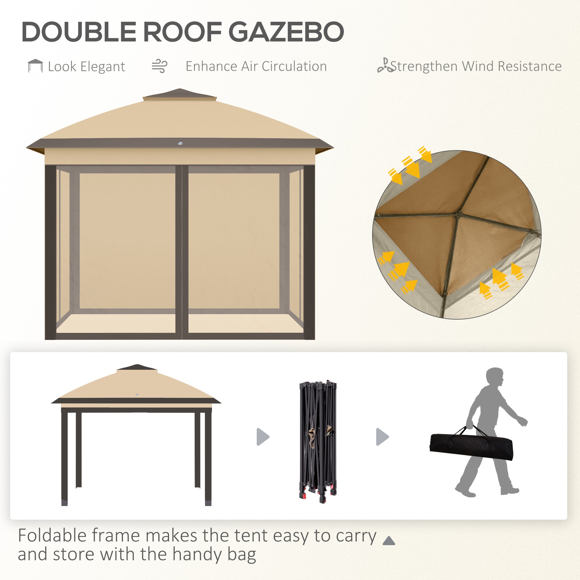 Outsunny 3.3 x 3.3m Pop Up Gazebo, Double Roof Foldable Canopy Tent with Zipped Mesh Sidewalls, Height Adjustable and Carrying Bag, Event Tent for Patio Garden, Beige - anydaydirect