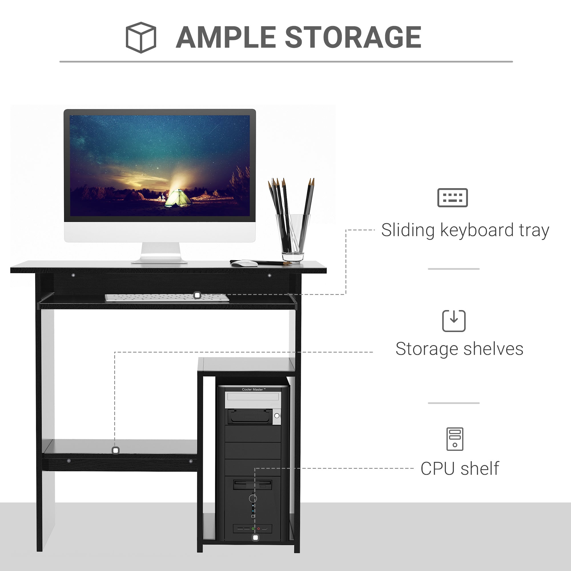 HOMCOM Compact Small Computer Table Wooden Desk Keyboard Tray Storage Shelf Modern Corner Table Home Office Black - anydaydirect