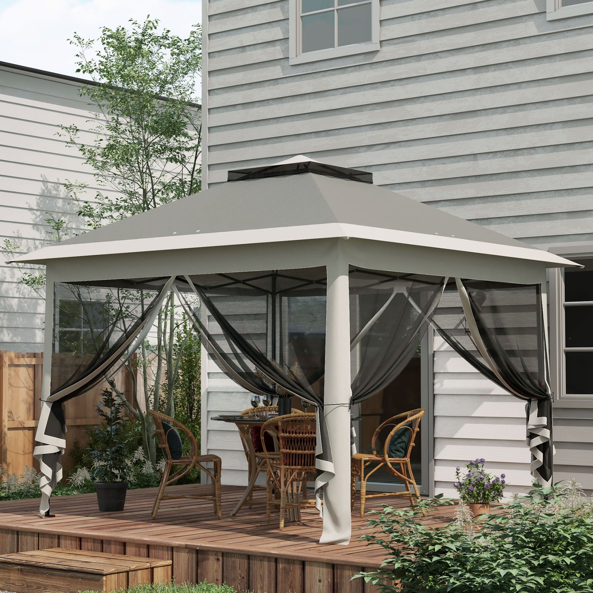 Outsunny Pop Up Canopy Tent with Double Roof, Zipped Mesh Sidewalls, Carrying Bag, Height Adjustable for Patio Garden, Dark Grey - anydaydirect