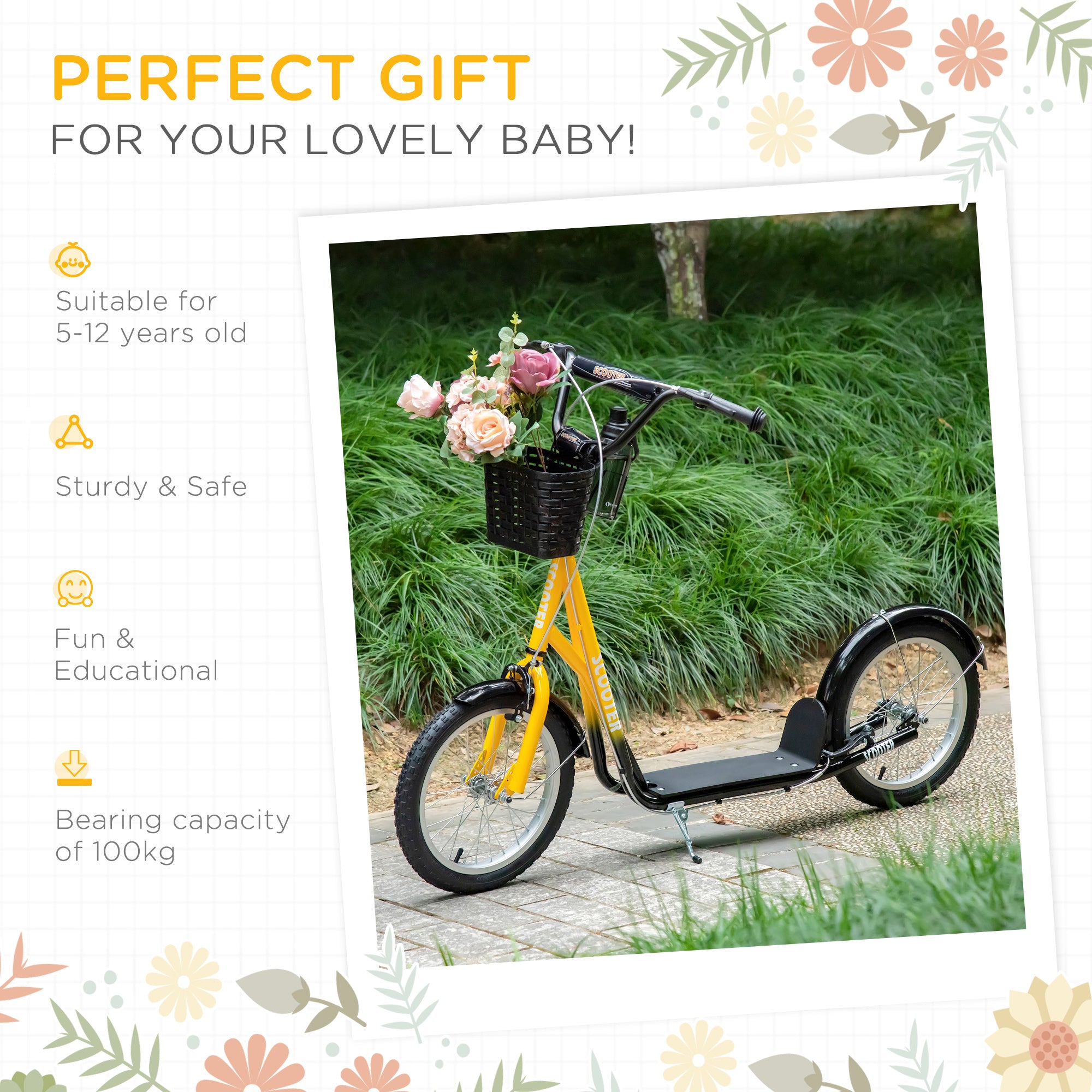 HOMCOM Kiddie Cruiser: Adjustable Scooter with Dual Brakes, Basket & Cupholder, 16" Inflatable Tyres, Tangerine Hue - anydaydirect