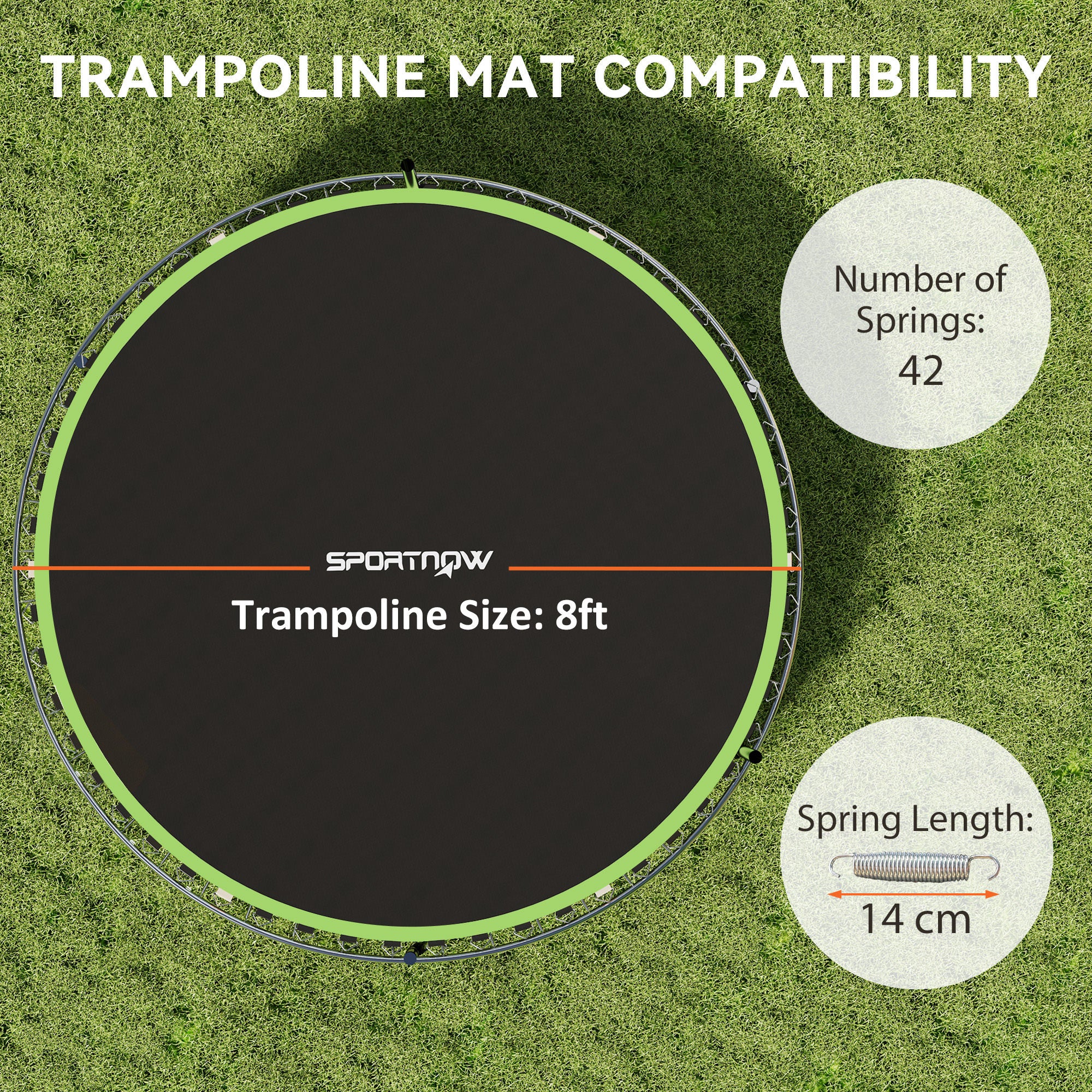 SPORTNOW Trampoline Replacement Mat with Spring Pull Tool, 42 V-Hooks, for 8ft Trampoline using 14cm Springs, Green - anydaydirect