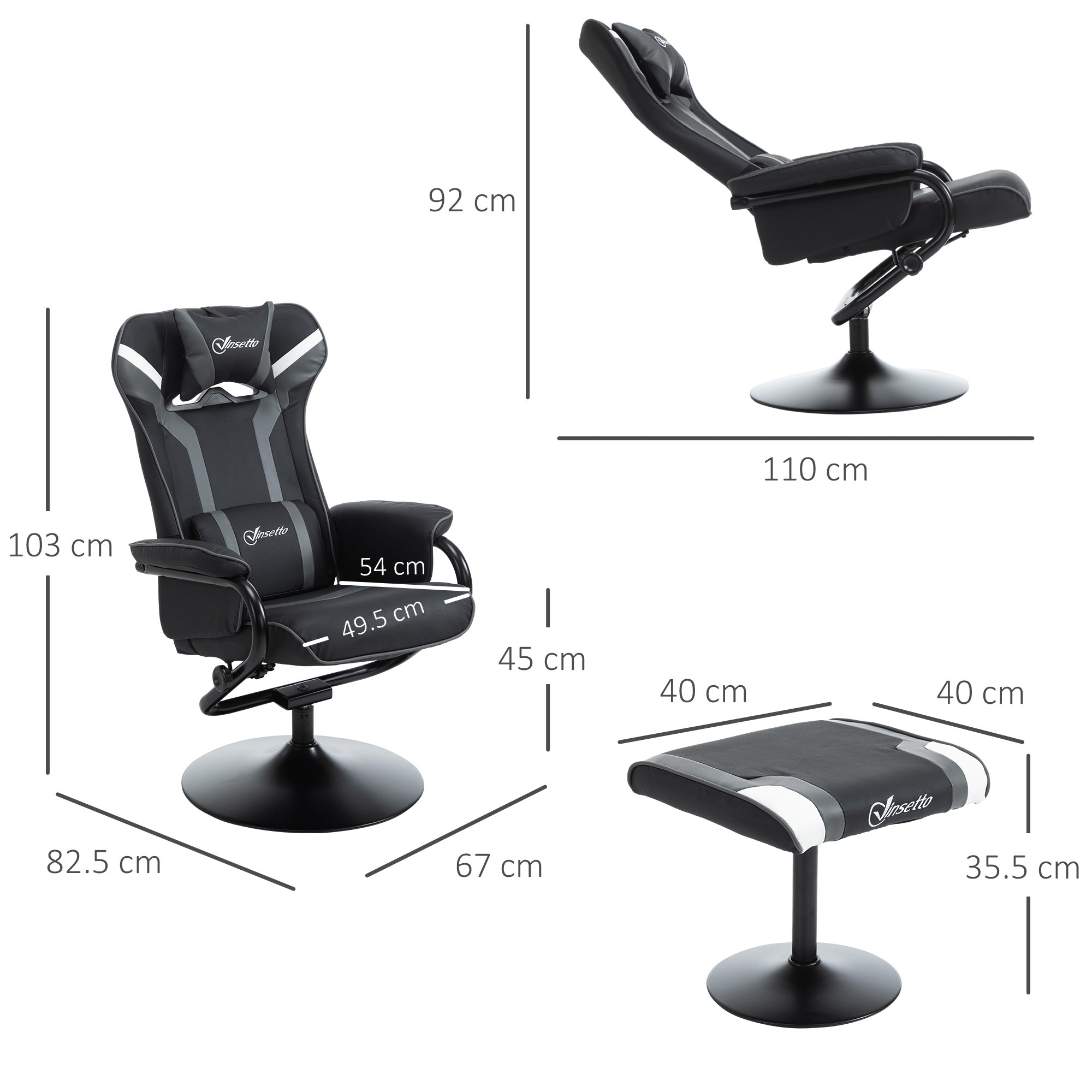 Vinsetto Reclining Chair and Stool Set, Recliner Chair with Headrest, Gaming Chair with Lumbar Support, Pedestal Base for Home Office, Grey - anydaydirect