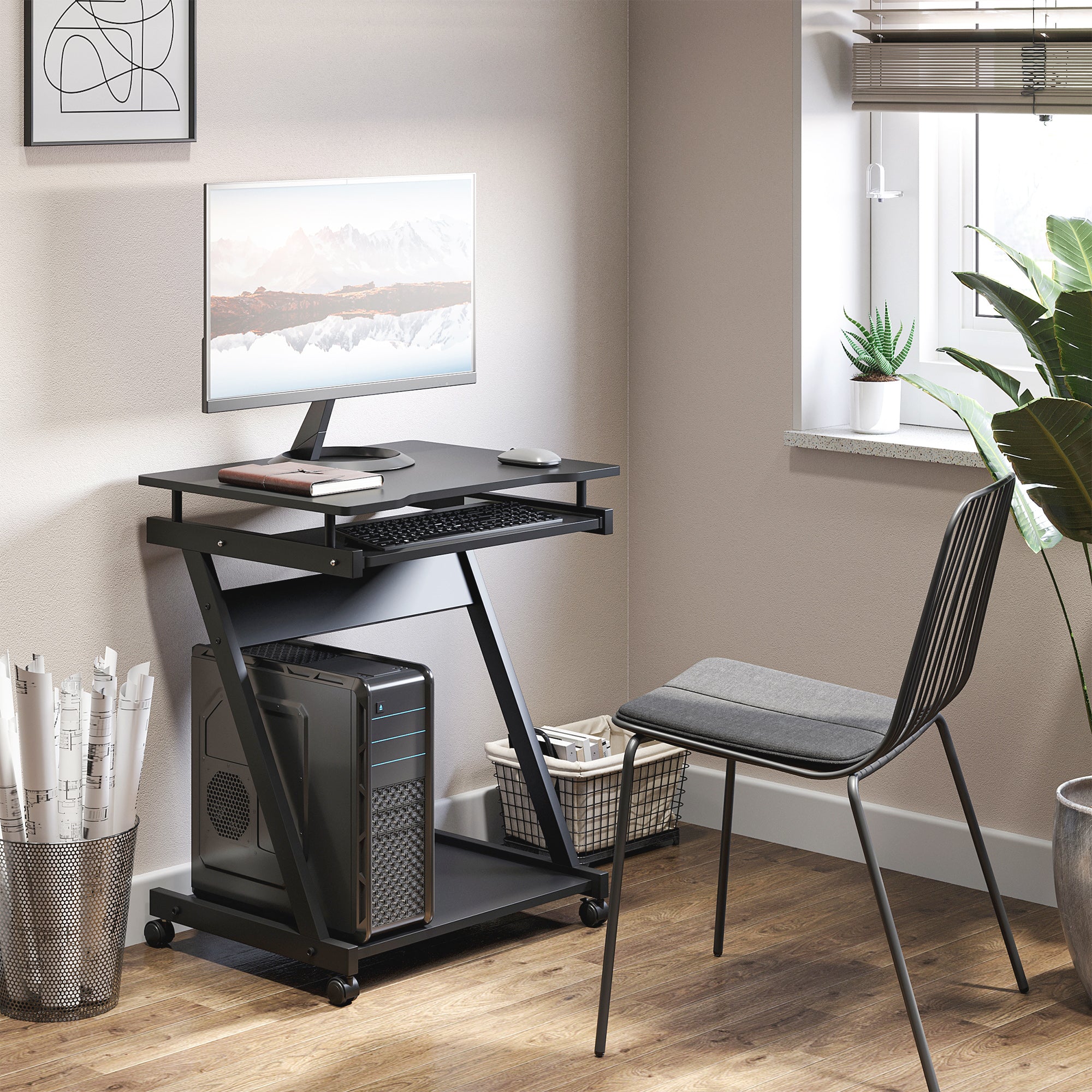 HOMCOM Movable Computer Desk with 4 Moving Wheels Sliding Keyboard Tray Home Office Workstation Black - anydaydirect