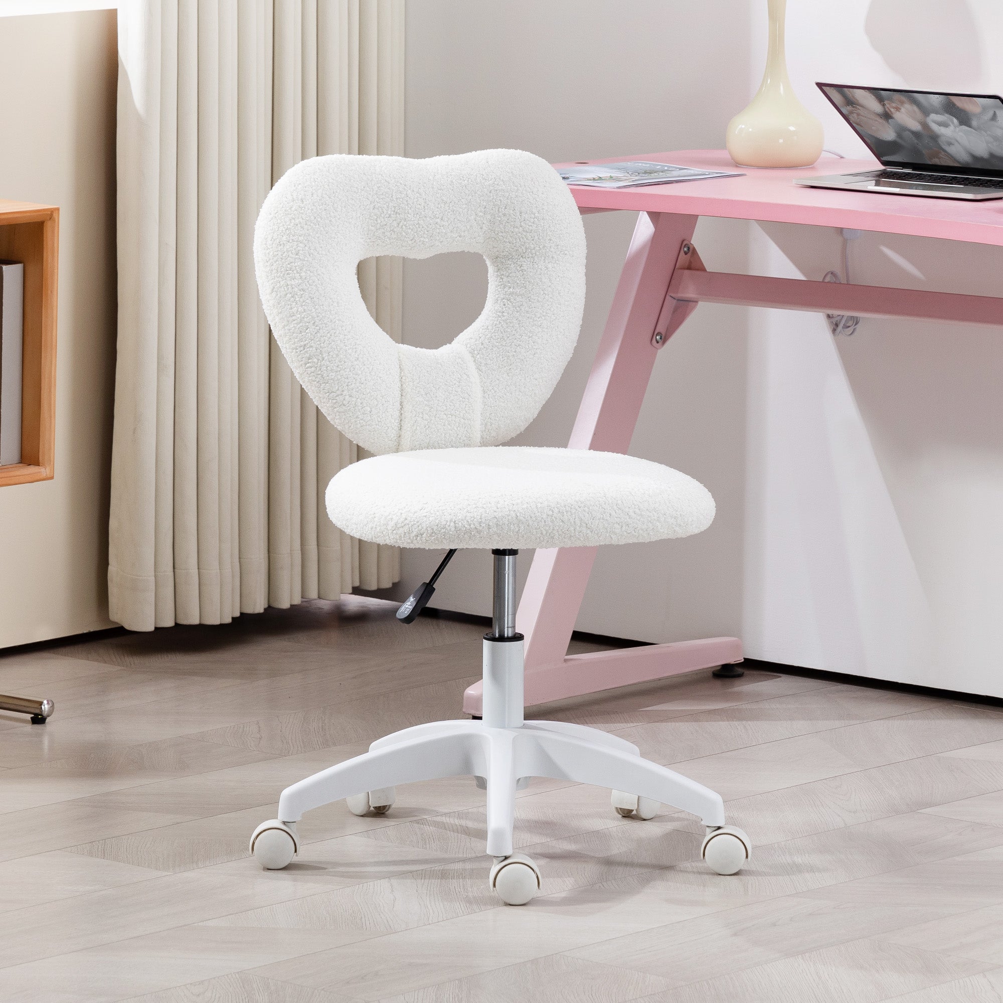 HOMCOM Armless Heart Computer Desk Chair, Teddy Fleece Swivel Office Chair, Makeup Vanity Chair with Height Adjustable, Wheels, for Home Study Bedroom, White - anydaydirect