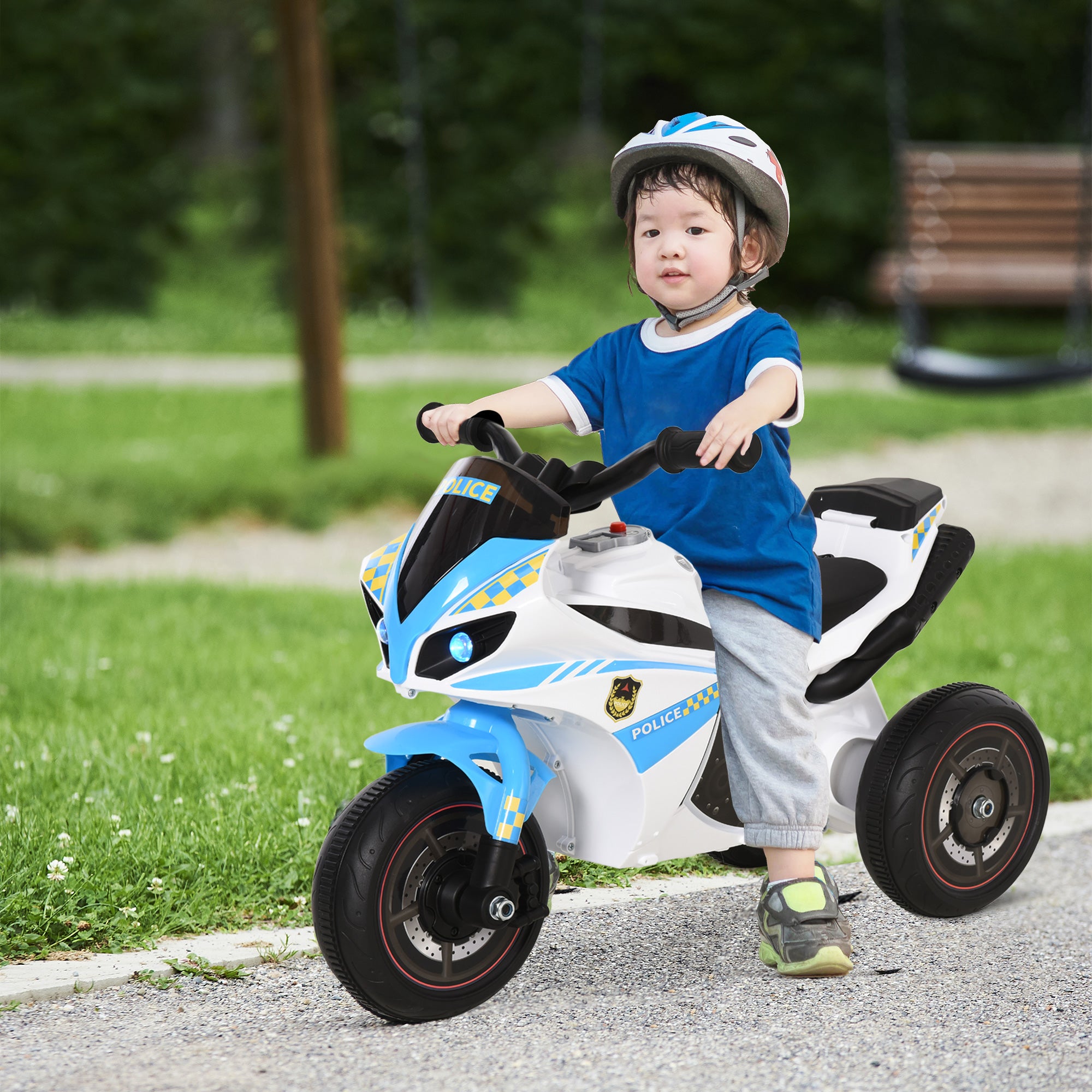 HOMCOM Kids Ride-On Police Bike 3-Wheel Vehicle w/ Music Lights Safe Seat Handlebars Toddler NO POWER Child Learning Fun Development 18-36 Months Blue - anydaydirect
