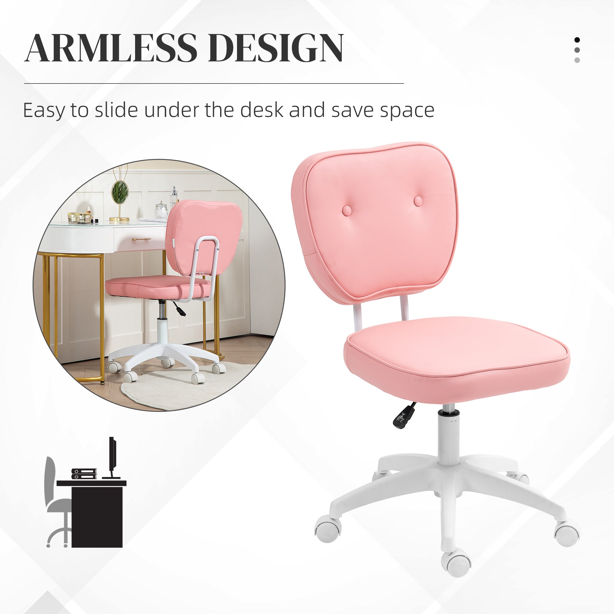 Vinsetto Vanity Office Chair, PU Leather Computer Chair for Home, with Adjustable Height, Armless, Swivel Wheels, Pink - anydaydirect