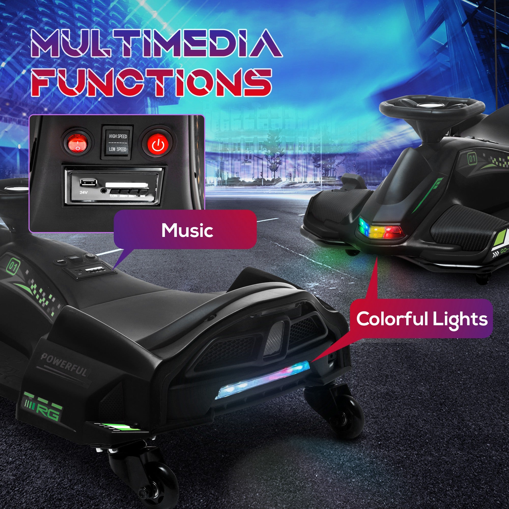 HOMCOM 12V Kids Electric Go Kart with Music, LED Lights, Slow Start, Black - anydaydirect