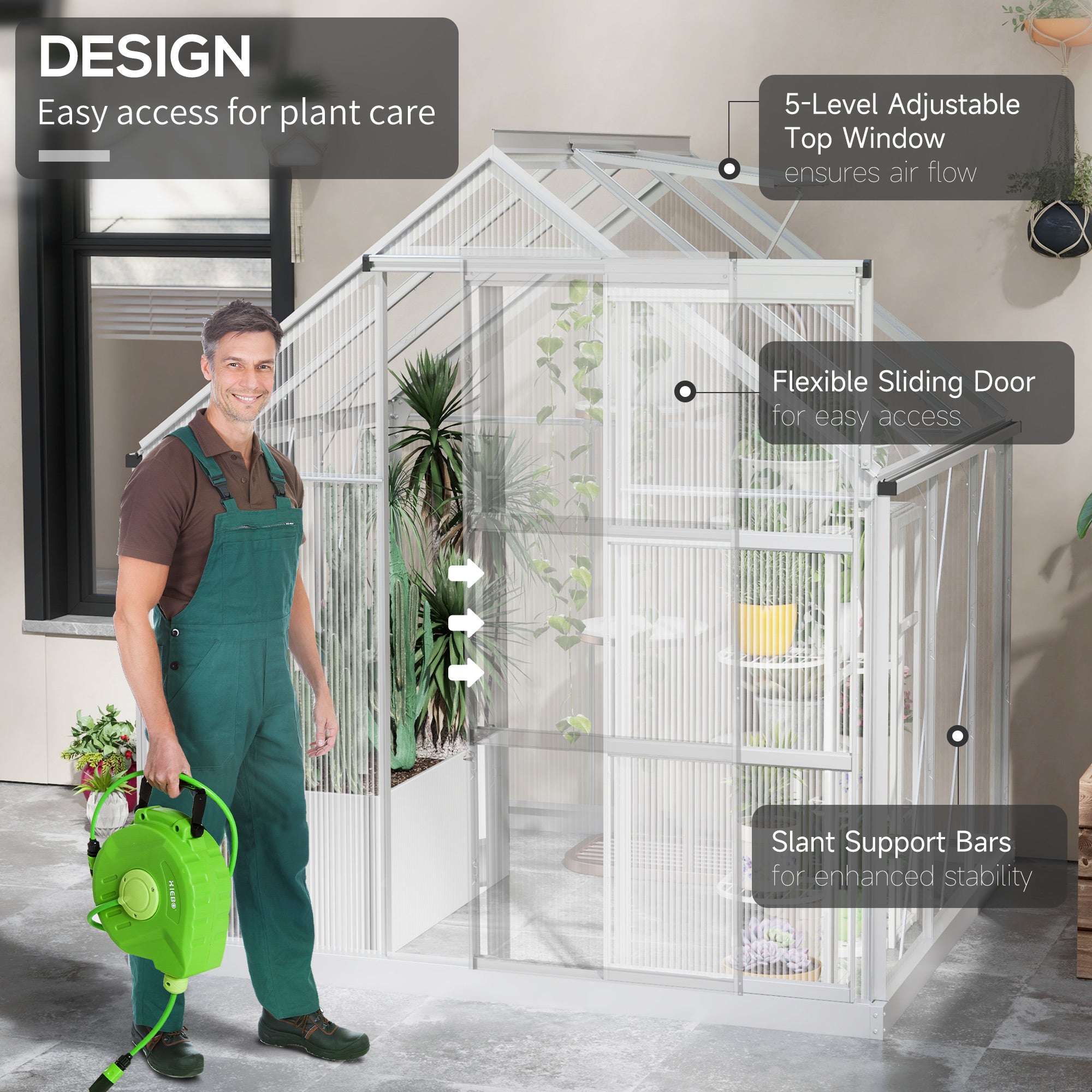 Outsunny 6 x 6ft Walk-In Greenhouse, Polycarbonate Greenhouse with Sliding Door, Window, Aluminium Frame, Foundation, Silver - anydaydirect