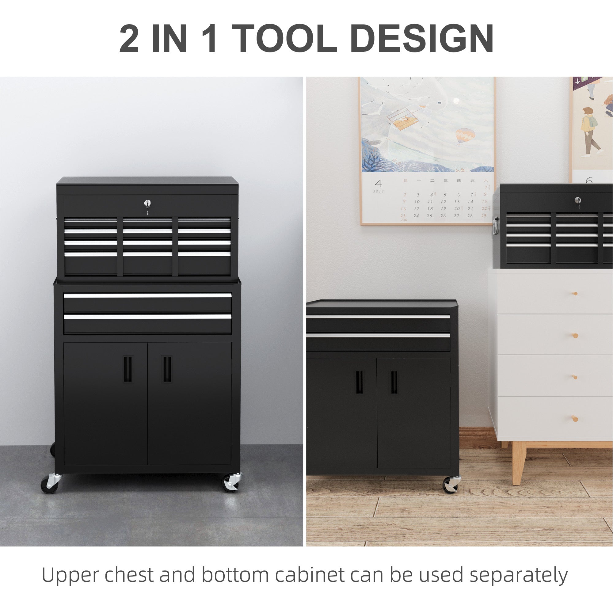 HOMCOM Portable Tool Box, Metal Tool Chest on Wheels with 6 Drawers for Garage and Workshop, Black - anydaydirect