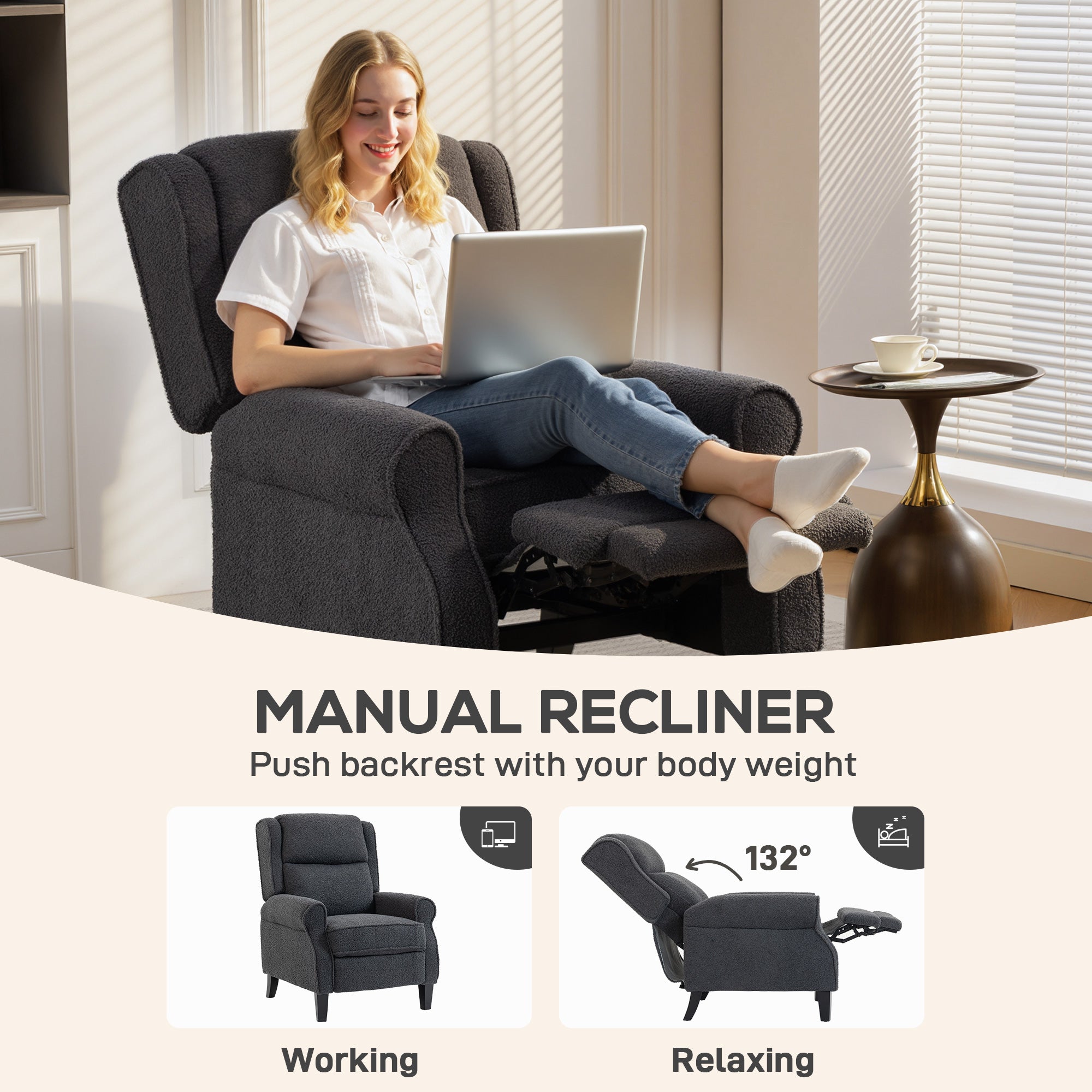 HOMCOM 132° Recliner Armchair, with Extended Footrest - Dark Grey - anydaydirect