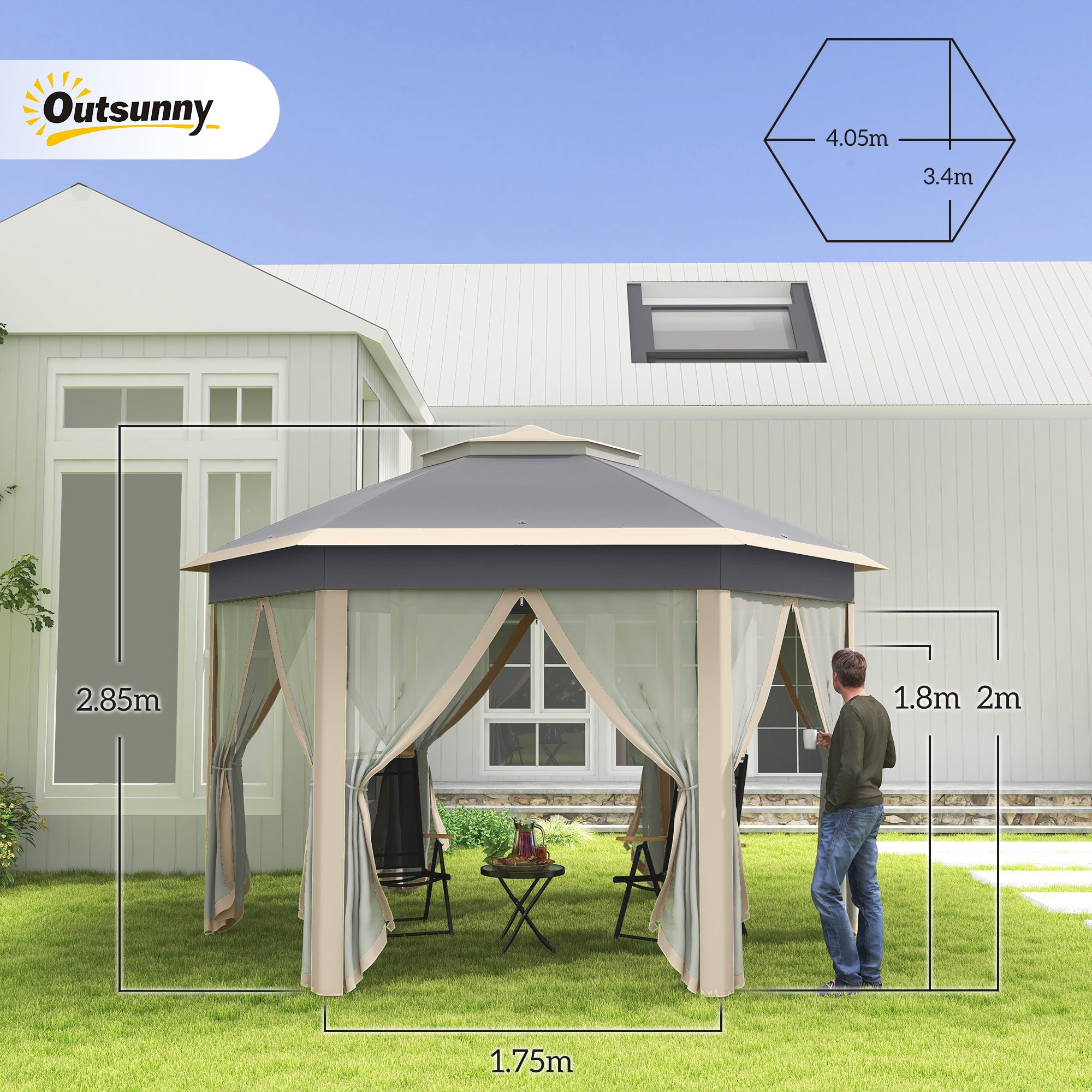 Outsunny Hexagon Pop Up Gazebo Outdoor Patio Gazebo Double Roof Instant Shelter with Netting, 3 x 4m, Khaki - anydaydirect