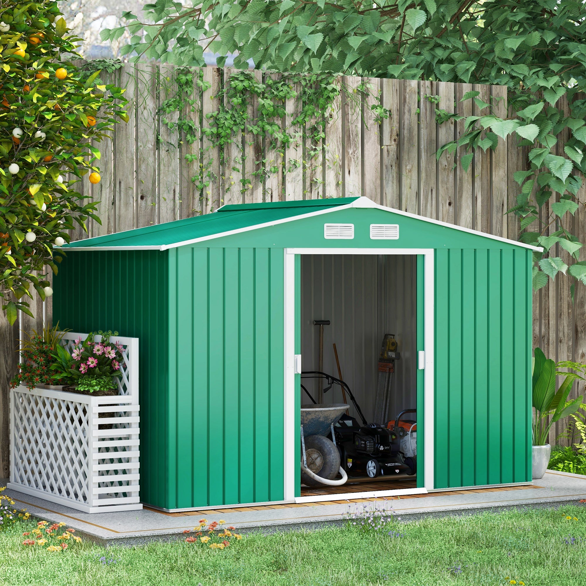 Outsunny Lockable Garden Shed Large Patio Tool Metal Storage Building Foundation Sheds Box Outdoor Furniture (9 x 6 FT, Green) - anydaydirect
