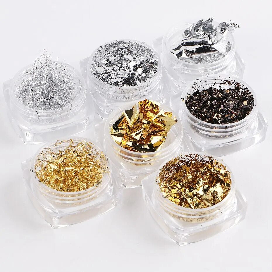 7 Boxes Aluminum Nail Flakes Foils Set Gold Silver Irregular Paillette Nail Art Sequins Decorations Glitter Sticker for Manicure - anydaydirect