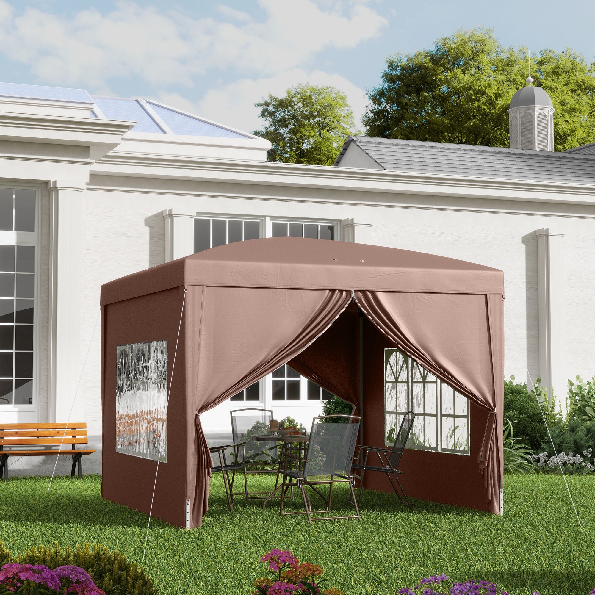 Outsunny 3 x 3 m Pop Up Gazebo, Wedding Party Canopy Tent Marquee with Carry Bag and Windows, Coffee - anydaydirect