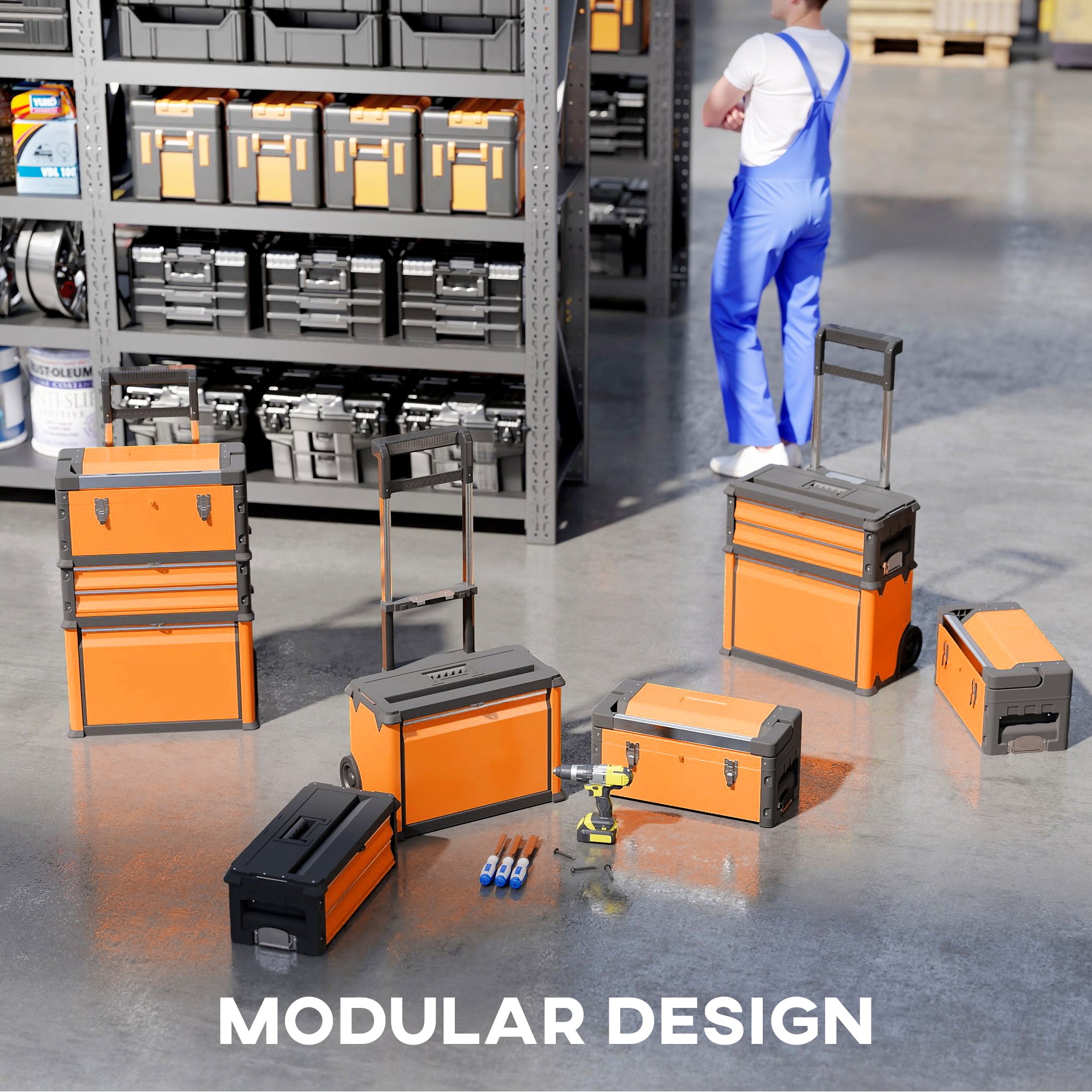 HOMCOM 3-in-1 Stackable Rolling Tool Box - Orange - anydaydirect