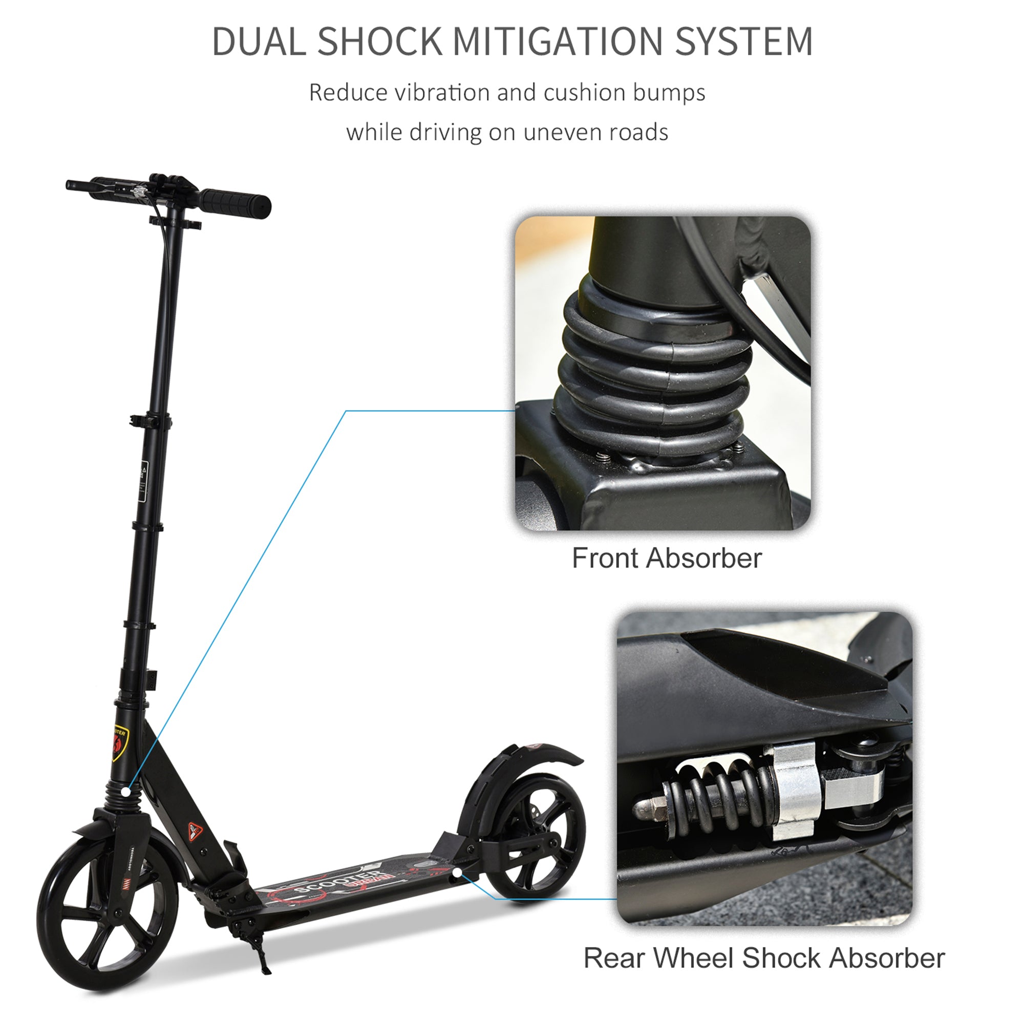 HOMCOM Kick Scooter, Folding 2 Wheel Scooter for 14+ Teens Adults, with Dual Brake System, Dual Suspension, 230mm Big Wheels, 3 Adjustable Handlebar, up to 100KG, Black - anydaydirect