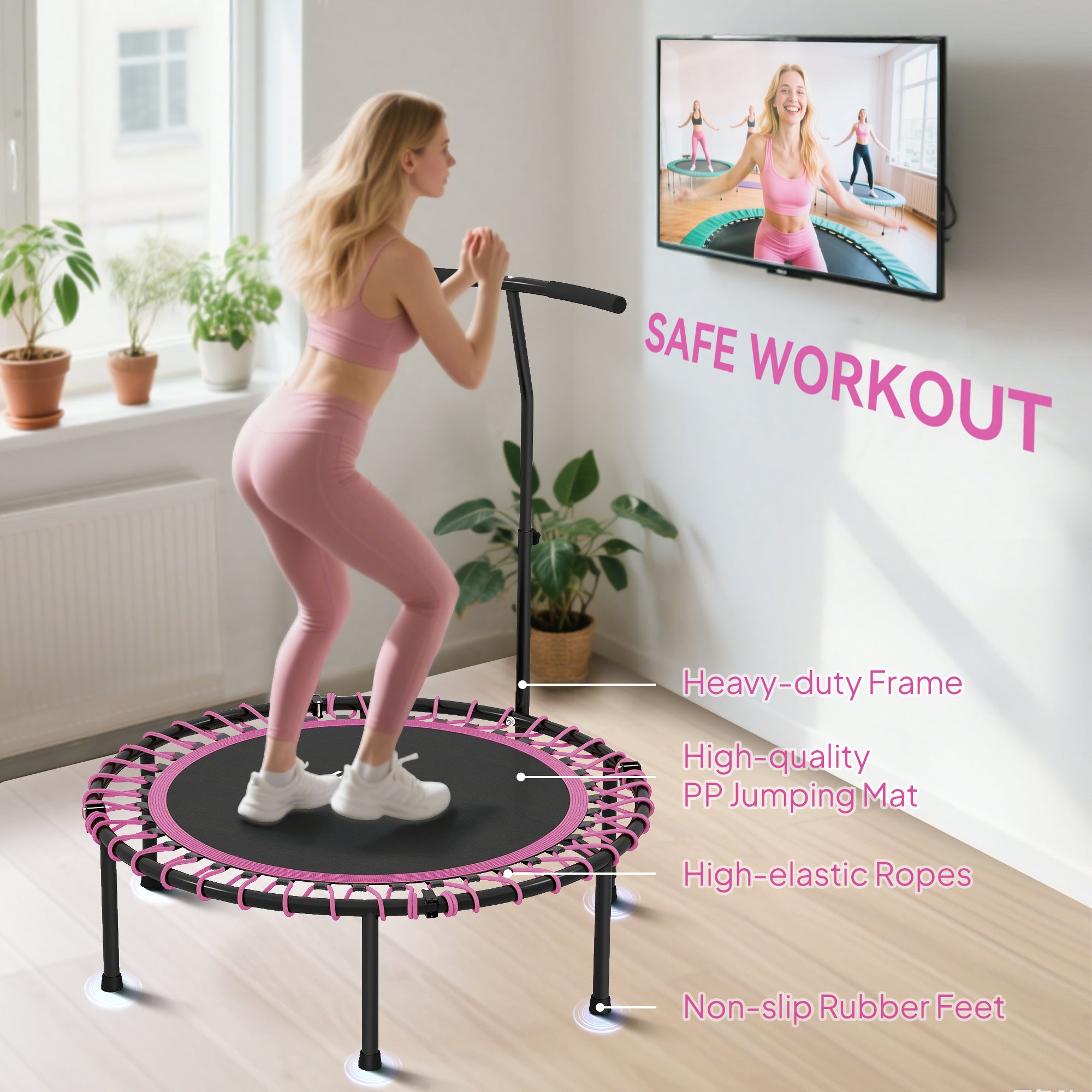 HOMCOM Mini Round Steel Frame Trampoline w/ Adjustable Handle, Pink - anydaydirect