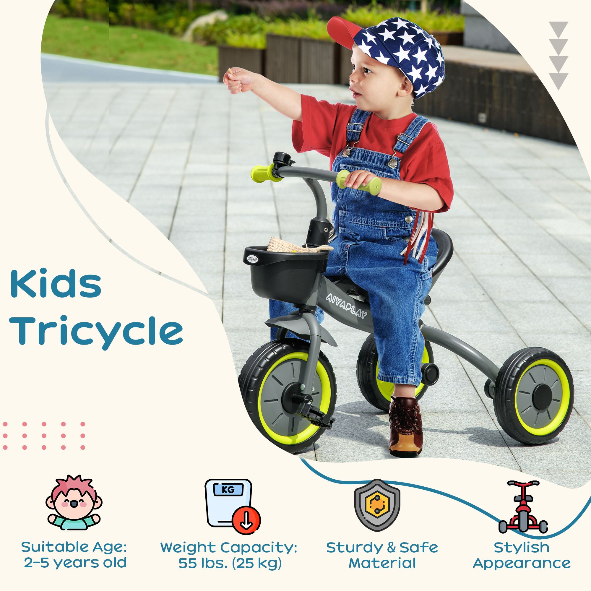 AIYAPLAY Kids Trike, Tricycle, with Adjustable Seat, Basket, Bell, for Ages 2-5 Years - Black - anydaydirect