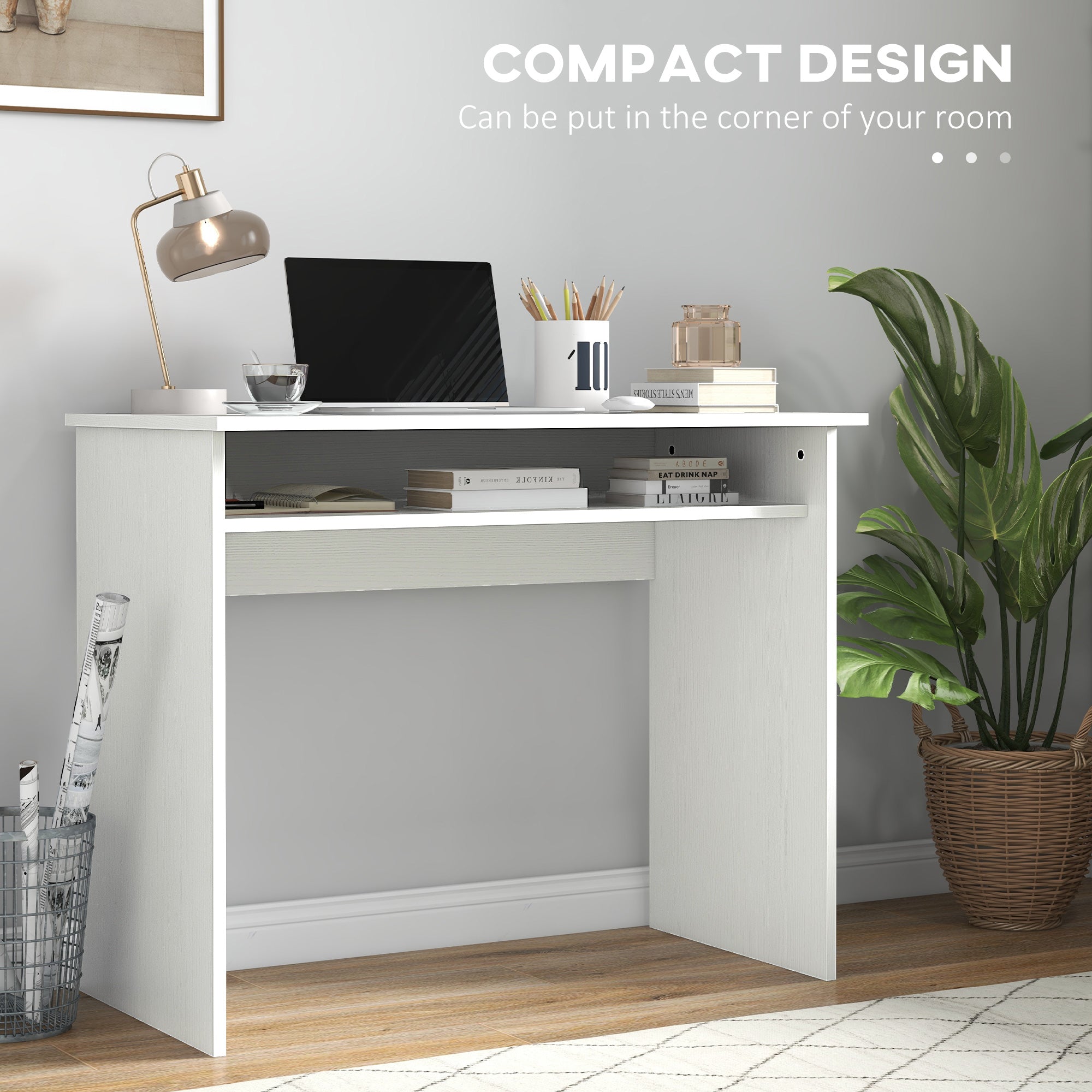 HOMCOM Modern Computer Desk, Home Office Table, Small Writing Desk with Storage Shelf, 90 x 50cm, White Wood Grain - anydaydirect