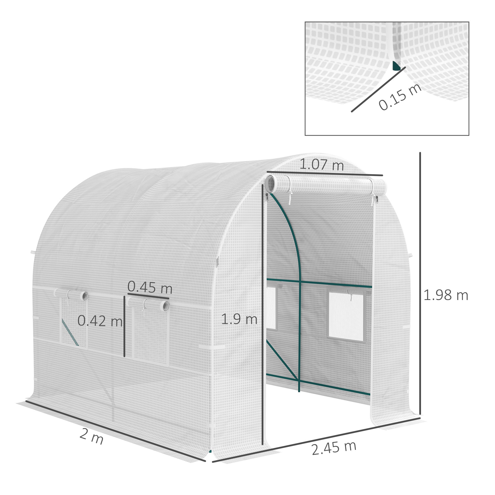 Outsunny Reinforced Walk in Polytunnel Greenhouse with Roll Up Zipped Door Windows, Galvanised Steel Frame, 2 x 2.5m - anydaydirect