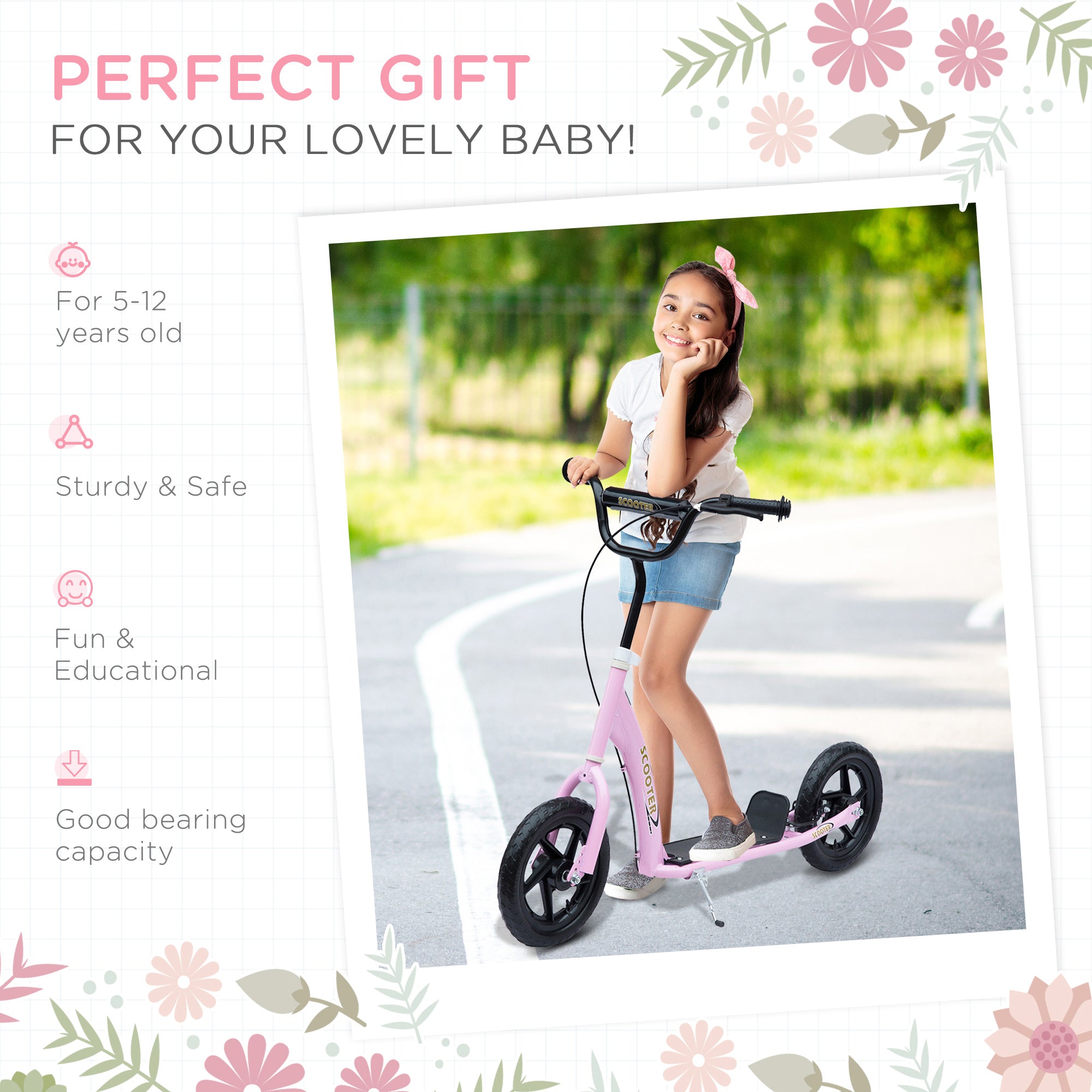 HOMCOM Teen Push Scooter Kids Children Stunt Scooter Bike Bicycle Ride On 12" EVA Tyres, Pink - anydaydirect