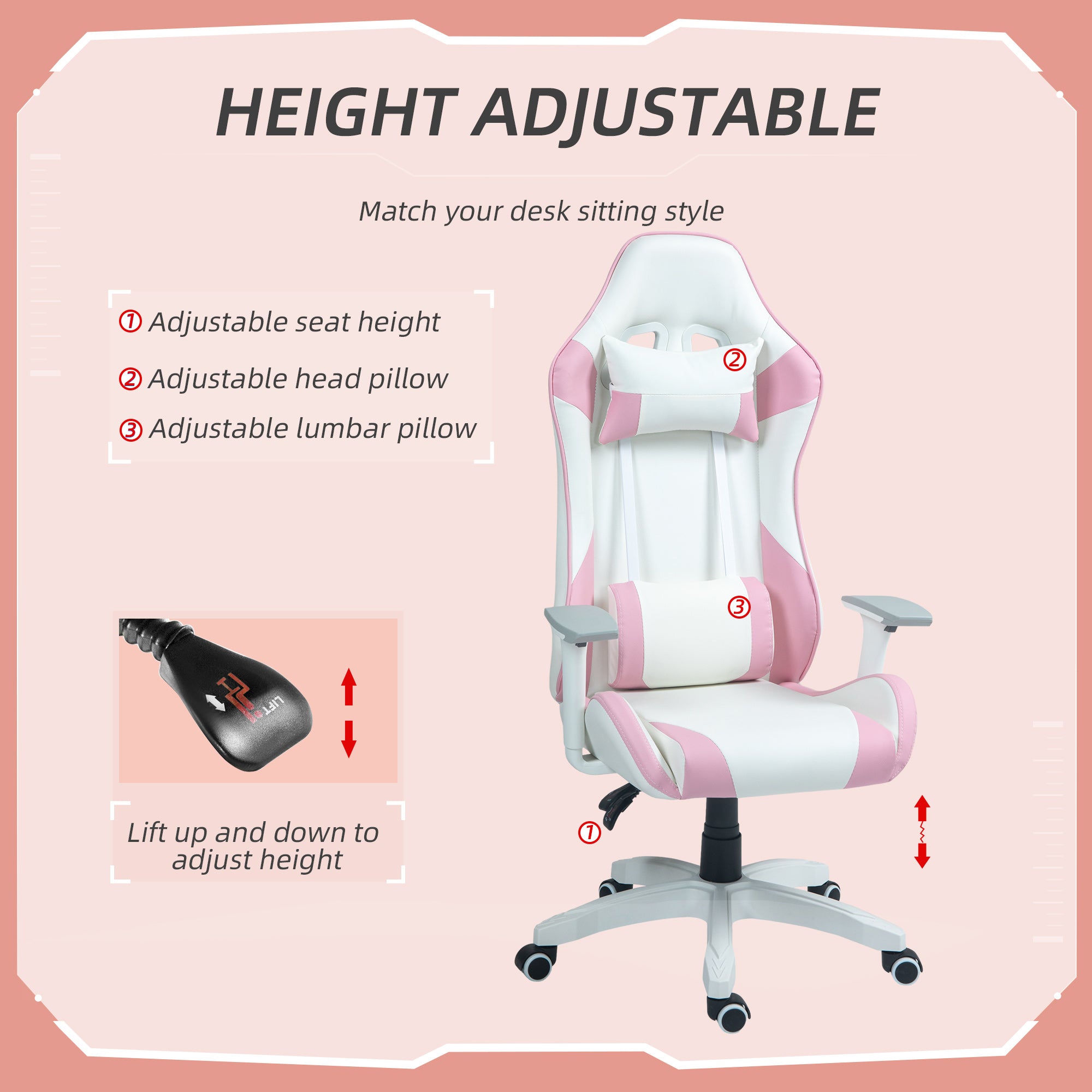 HOMCOM Faux Leather Colour Block Gaming Chair, with 135° Reclining Back - Pink/White - anydaydirect