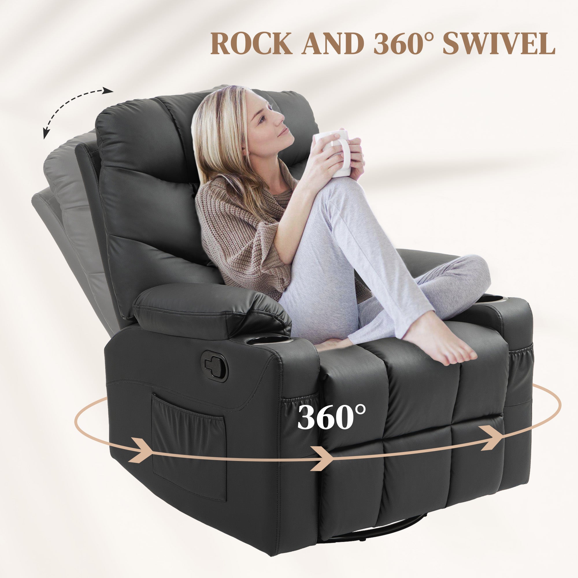 HOMCOM Manual Reclining Chair, Recliner Armchair with Swivel, Faux Leather, Footrest, Cup Holders, 86x93x102cm, Black - anydaydirect