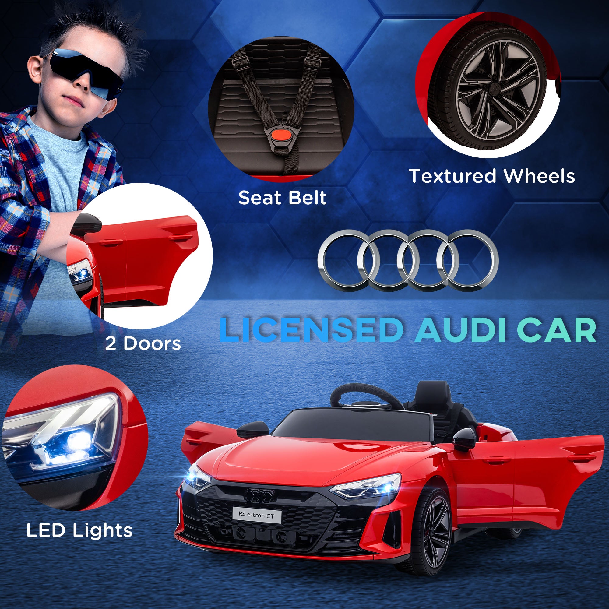 Kids Electric Ride On Car HOMCOM Audi Licensed 12V Electric Car, with Remote Control, Suspension System, Lights, Music, Motor - Red - anydaydirect