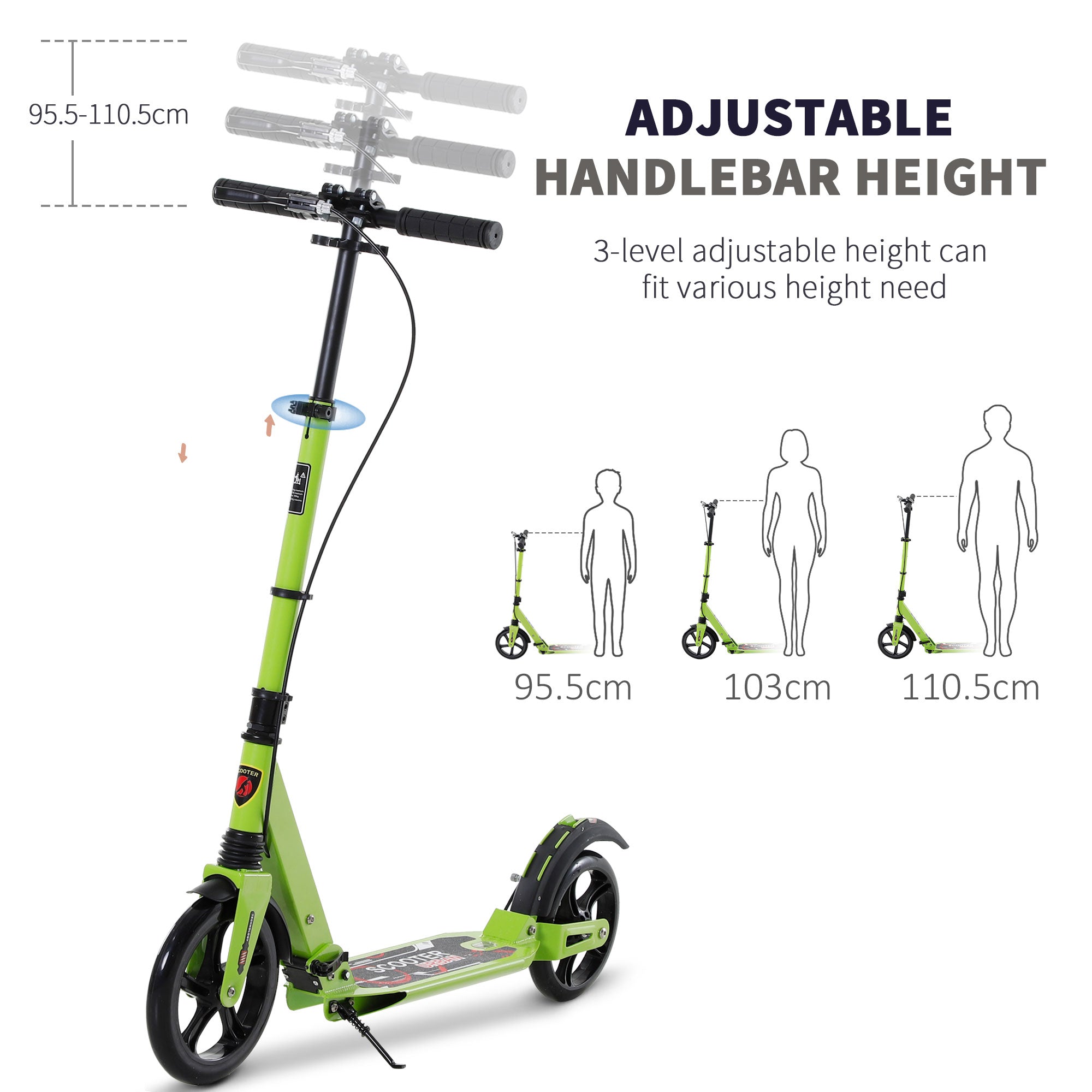 HOMCOM Kick Scooter, Folding 2 Wheel Scooter for 14+ Teens Adults, with Dual Brake System, Dual Suspension, 230mm Big Wheels, 3 Adjustable Handlebar, up to 100KG, Green - anydaydirect