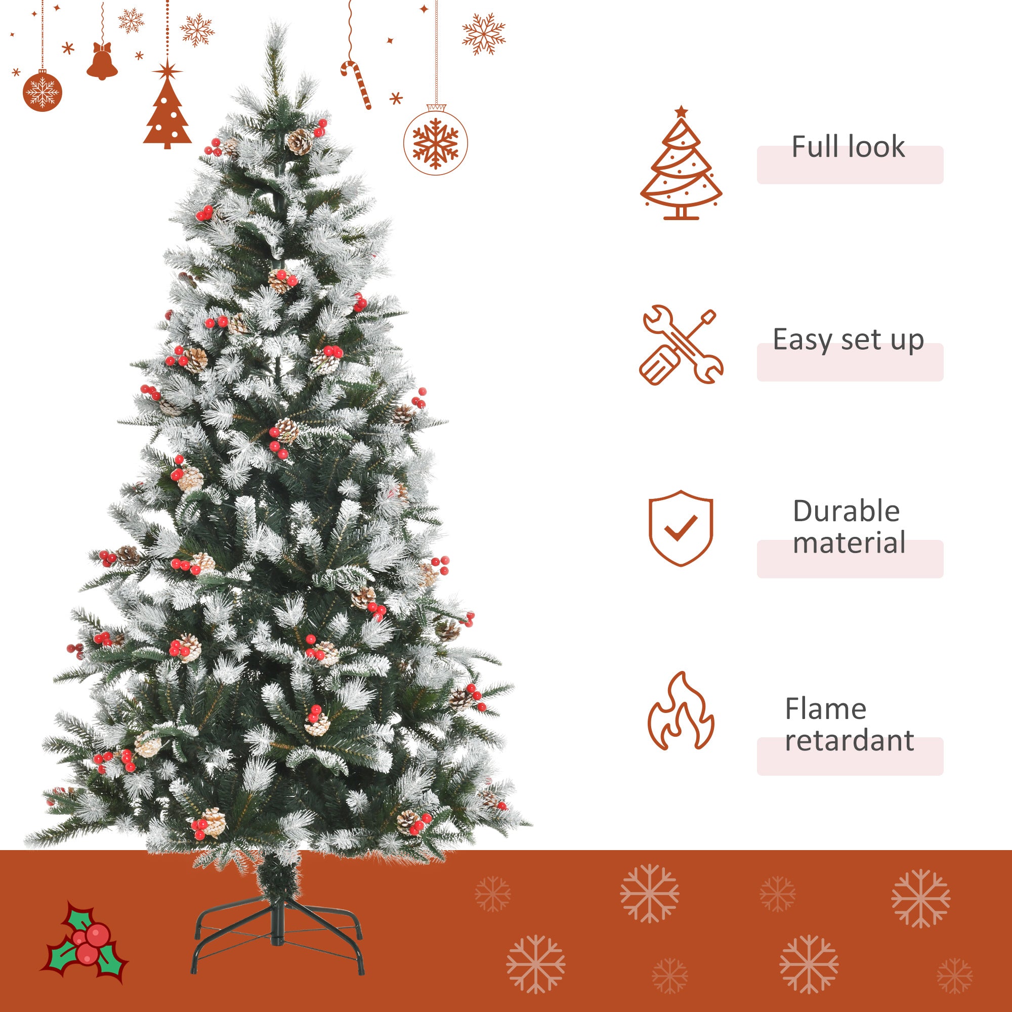 HOMCOM 6FT Artificial Snow Dipped Christmas Tree Xmas Pencil Tree Holiday Home Party Decoration with Foldable Feet Red Berries White Pinecones, Green - anydaydirect