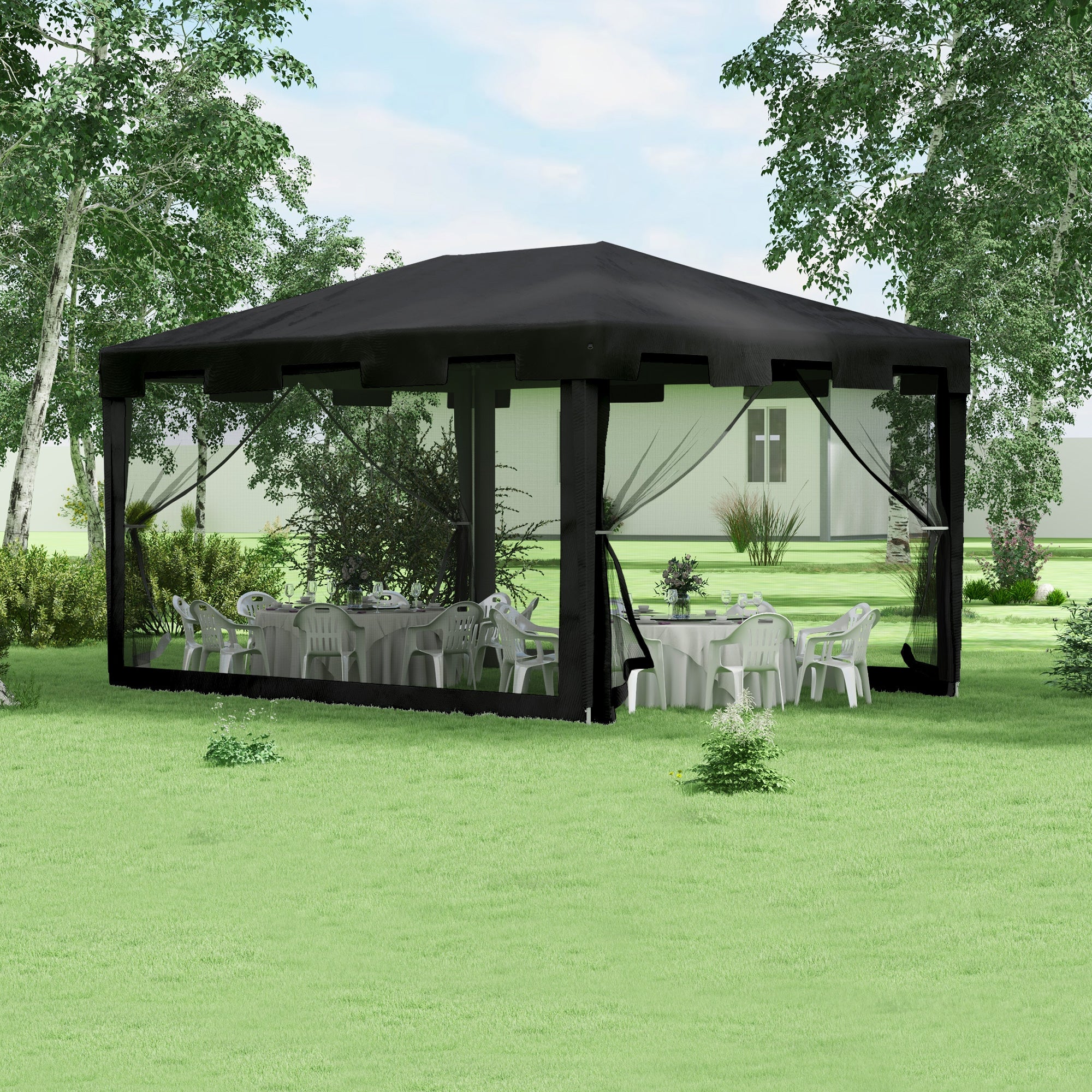 Outsunny 4 x 3 m Party Tent Wedding Gazebo Outdoor Waterproof PE Canopy Shade with Panel Grey - anydaydirect