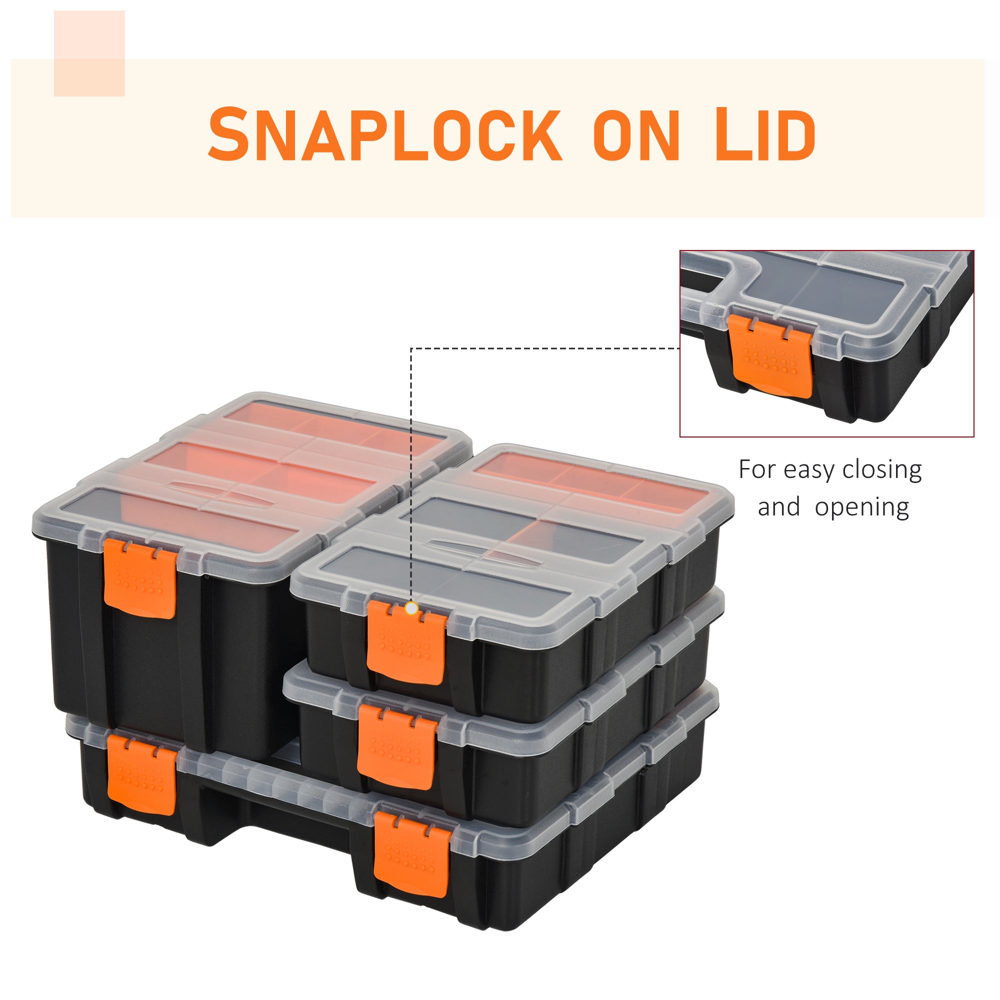 DURHAND Set Of 4 Plastic DIY Tool Storage Boxes w/ Inside Dividers Locking Lids Home Garage Organisation Stacking Arts Crafts Bolts Black Orange - anydaydirect