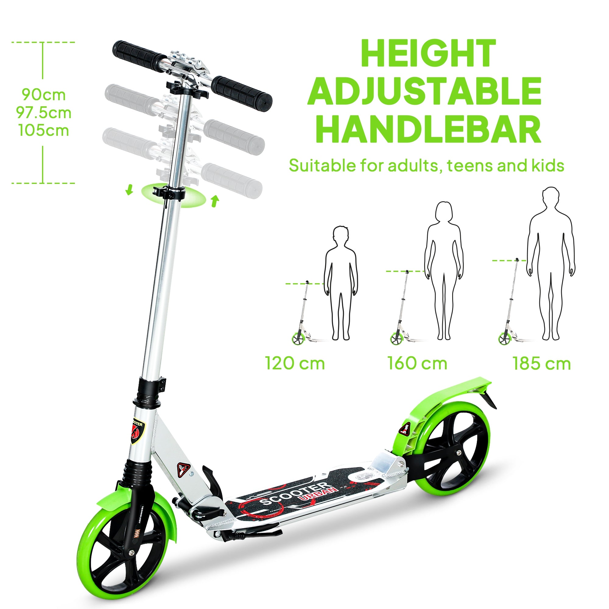 HOMCOM Folding Kick Scooter, Adjustable Ride On Scooter with 200mm Big Wheels and Double Shock Absorption, Urban Scooter for 14+ Teens Adult, Green - anydaydirect